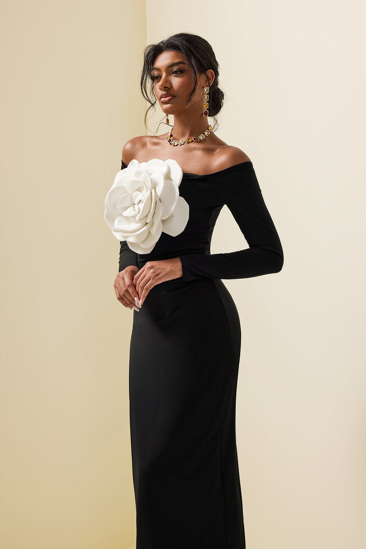 3d Jersey Off-shoulder Midi Dress