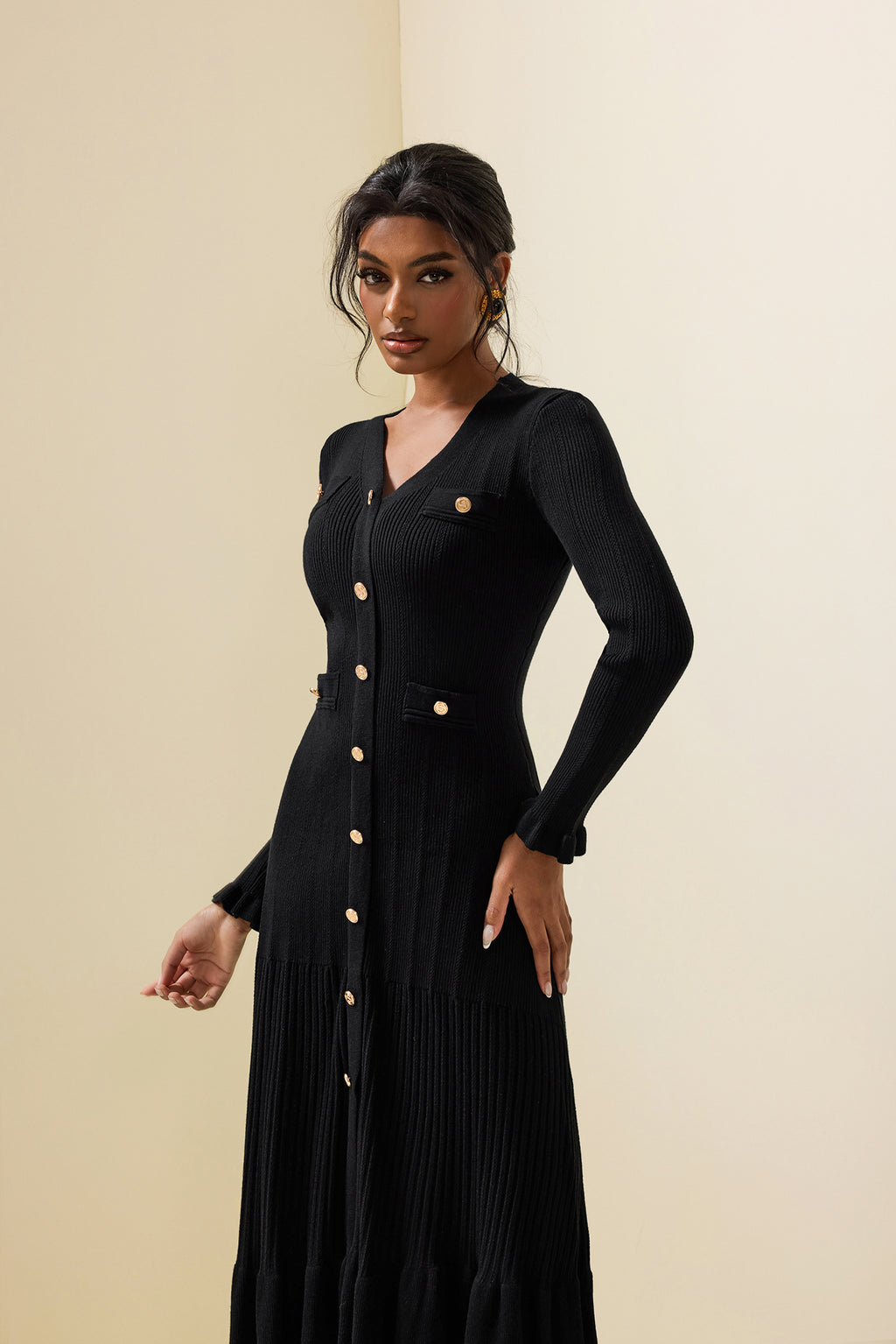 Jersey Single Breasted Long Sleeve Midi Dress