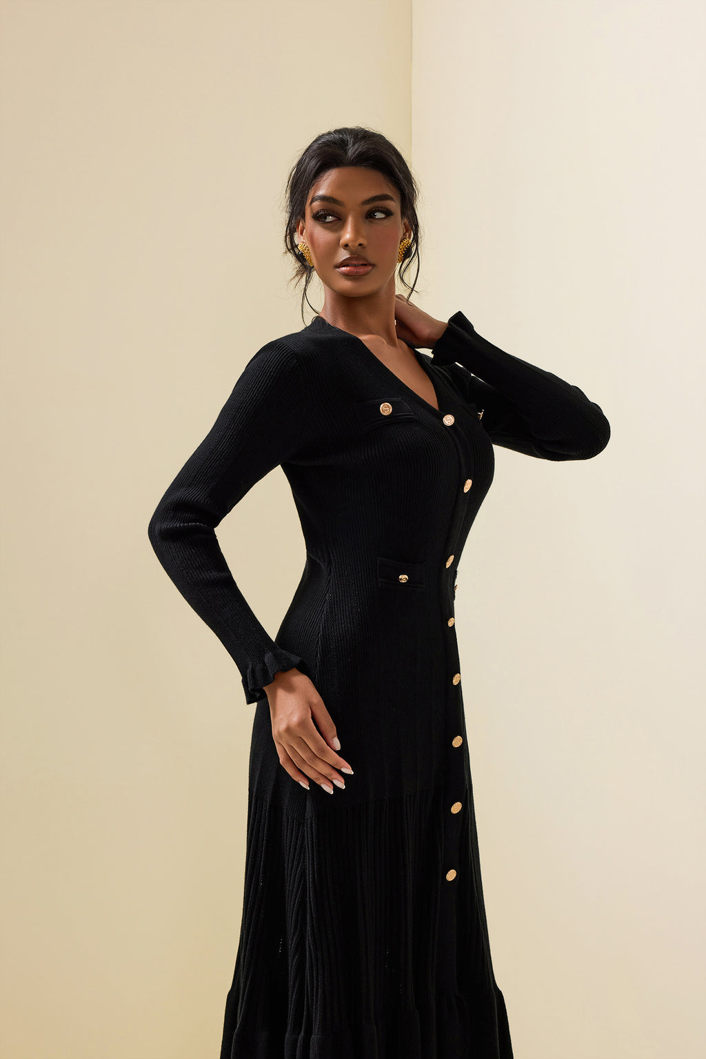 Jersey Single Breasted Long Sleeve Midi Dress