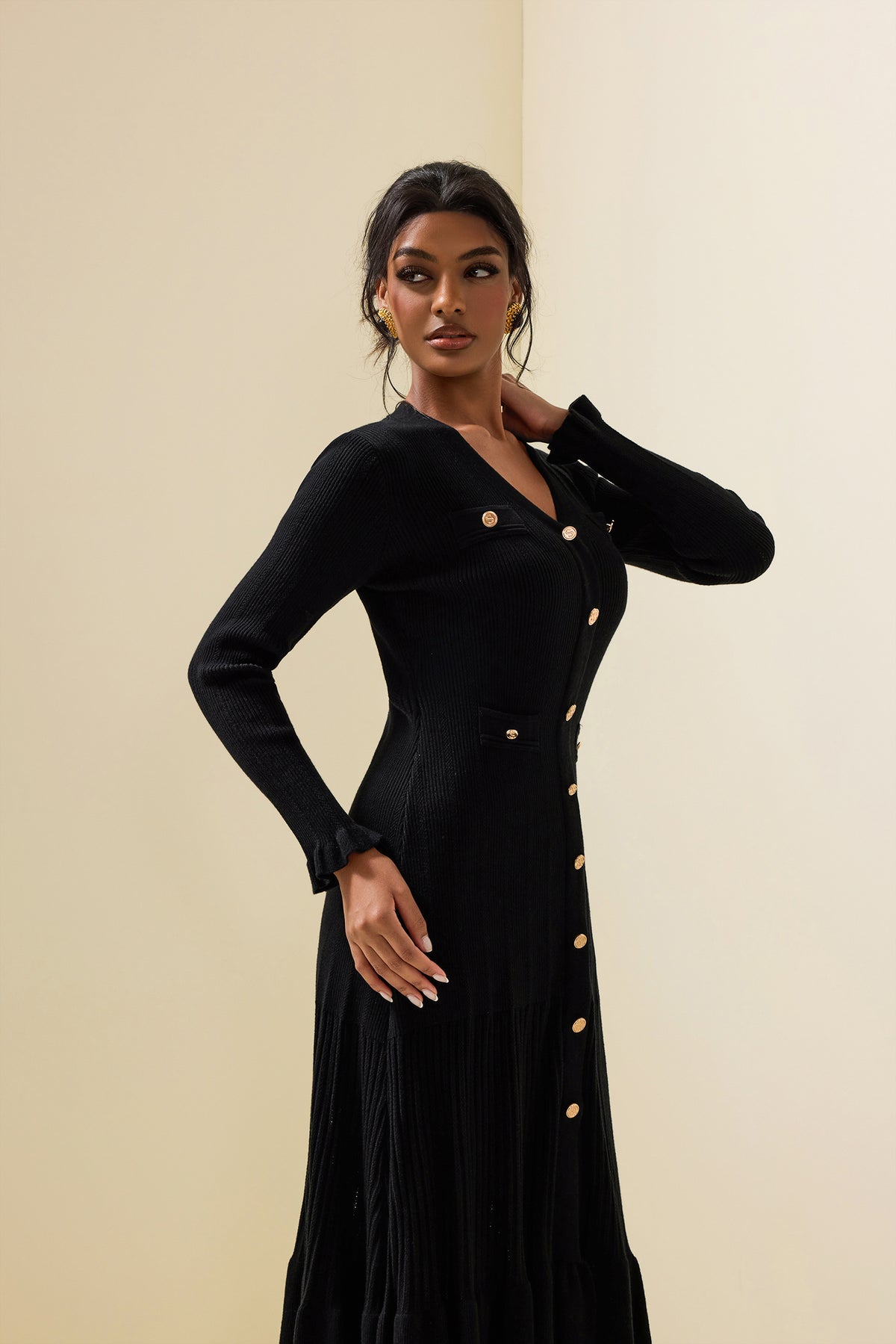 Jersey Single Breasted Long Sleeve Midi Dress
