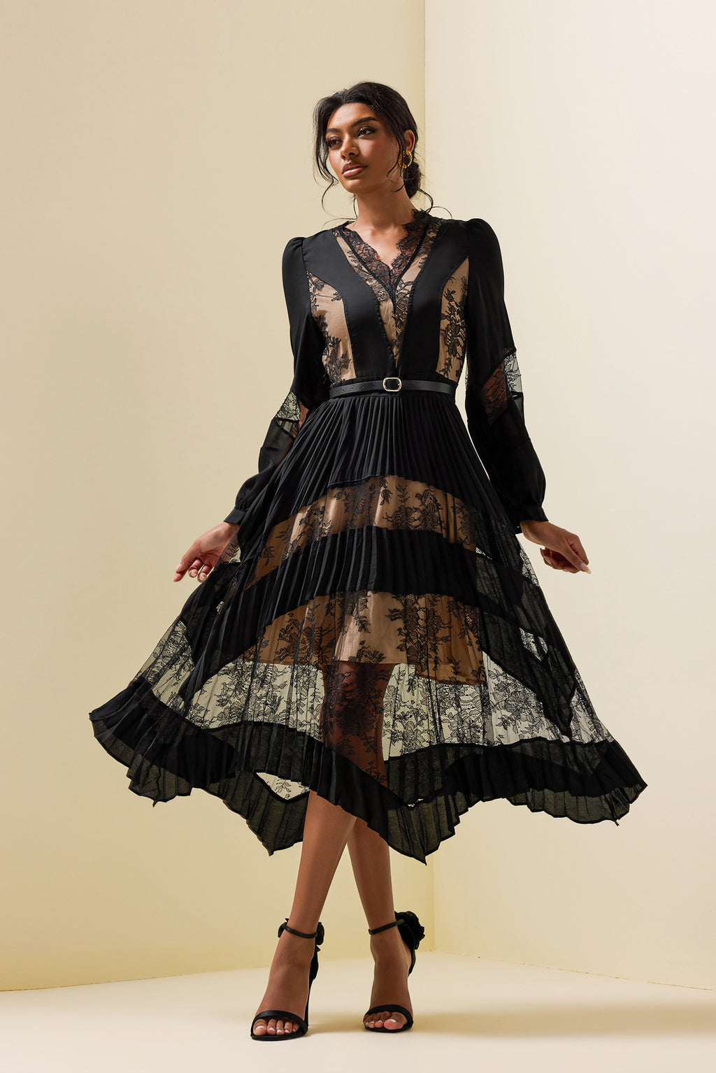 Lace Splicing Long Sleeve Midi Dress