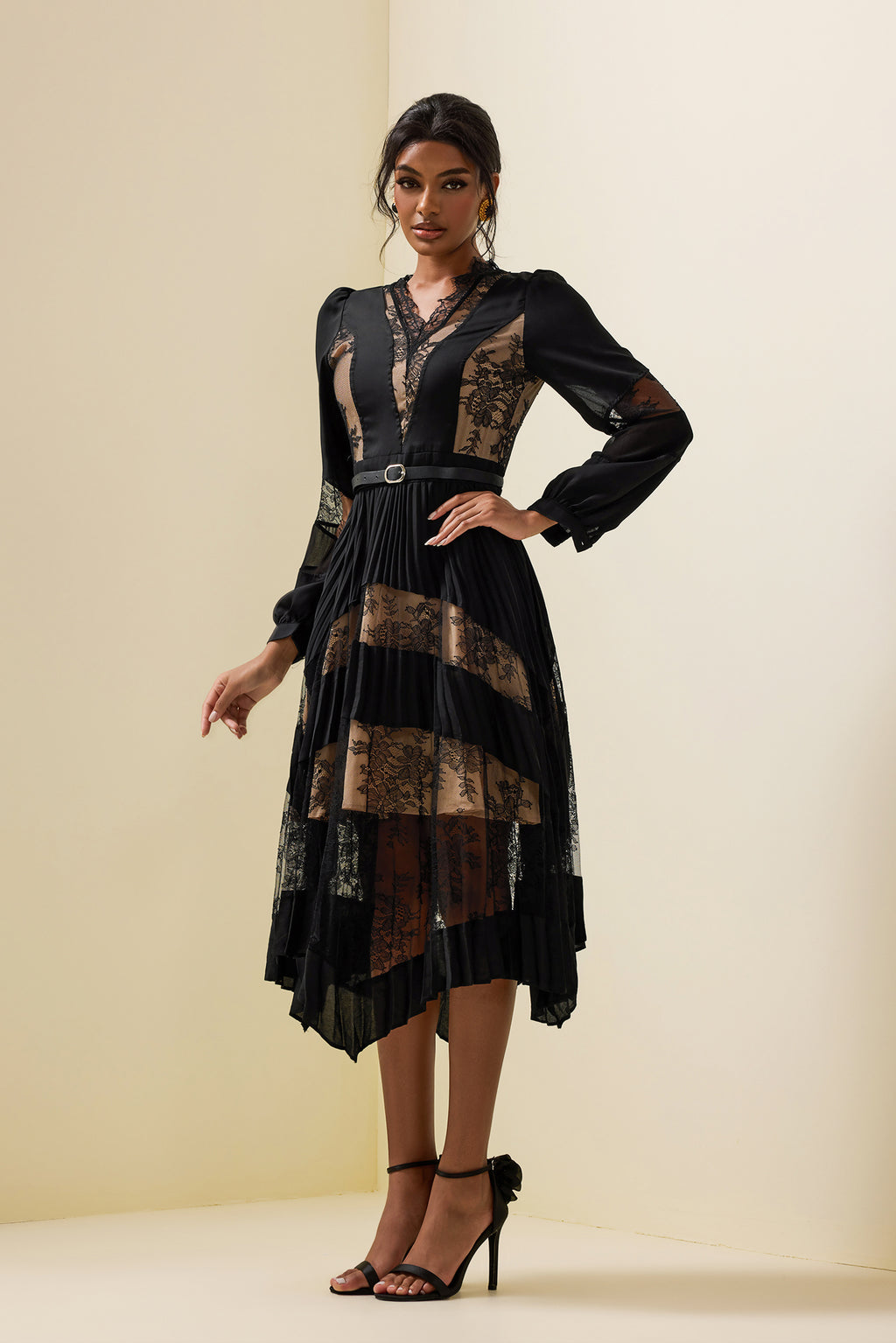 Lace Splicing Long Sleeve Midi Dress