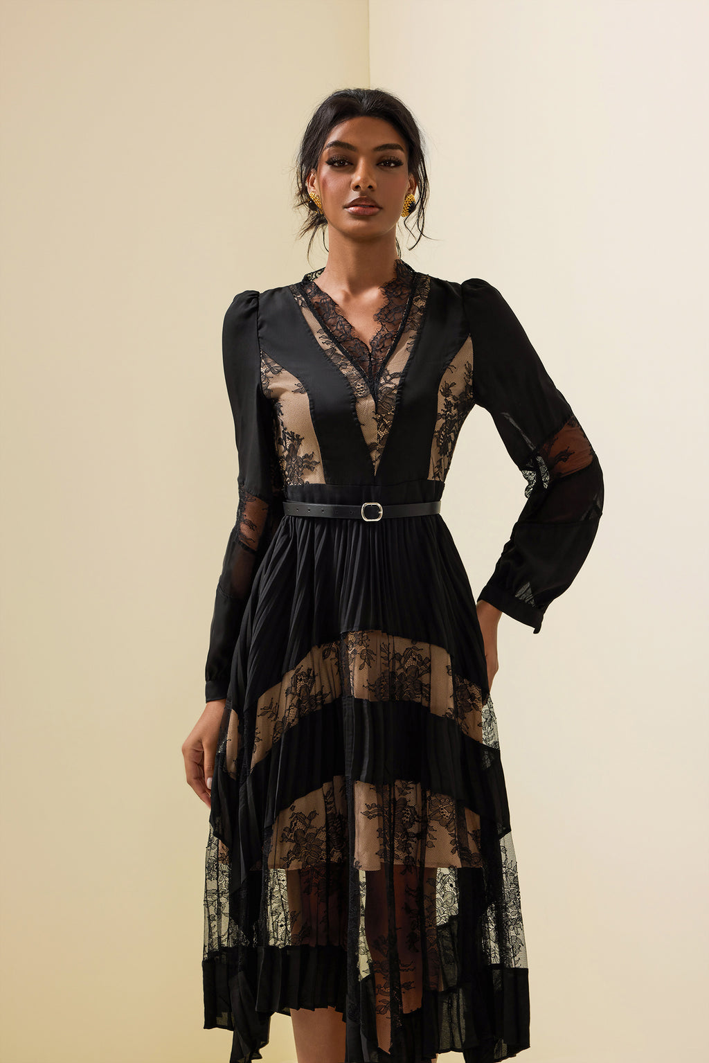 Lace Splicing Long Sleeve Midi Dress