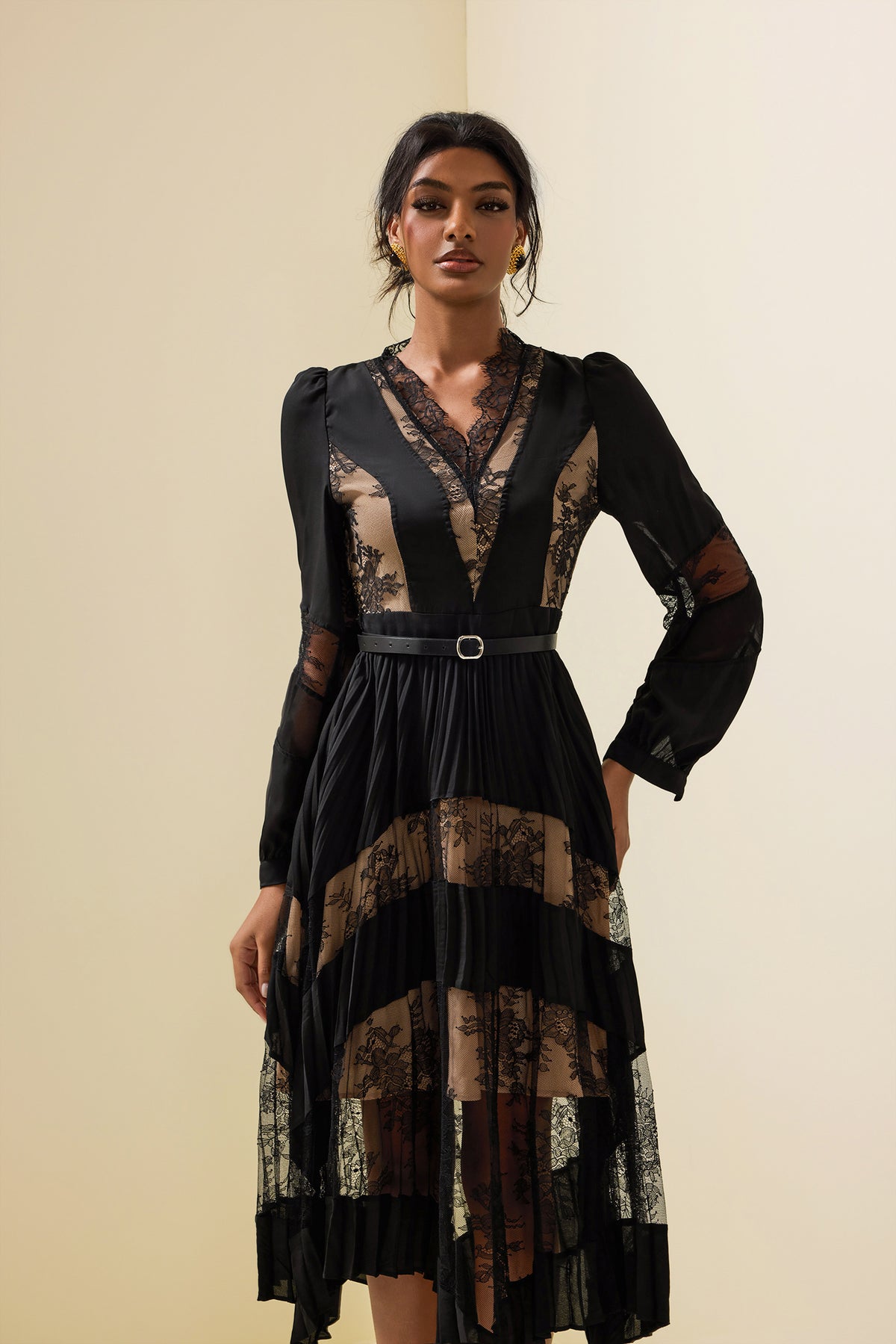 Lace Splicing Long Sleeve Midi Dress