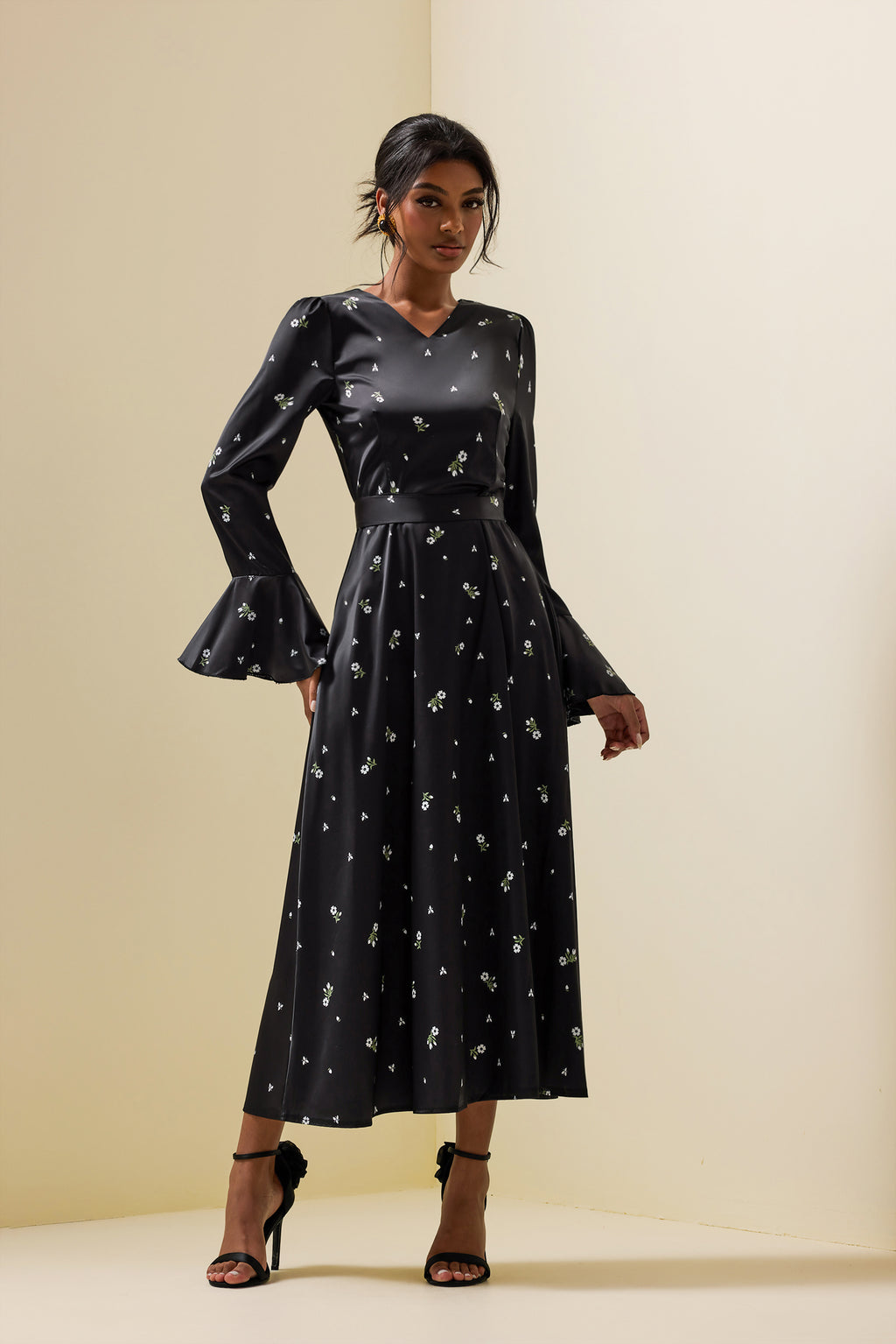 Satin Ball Sleeve Midi Dress