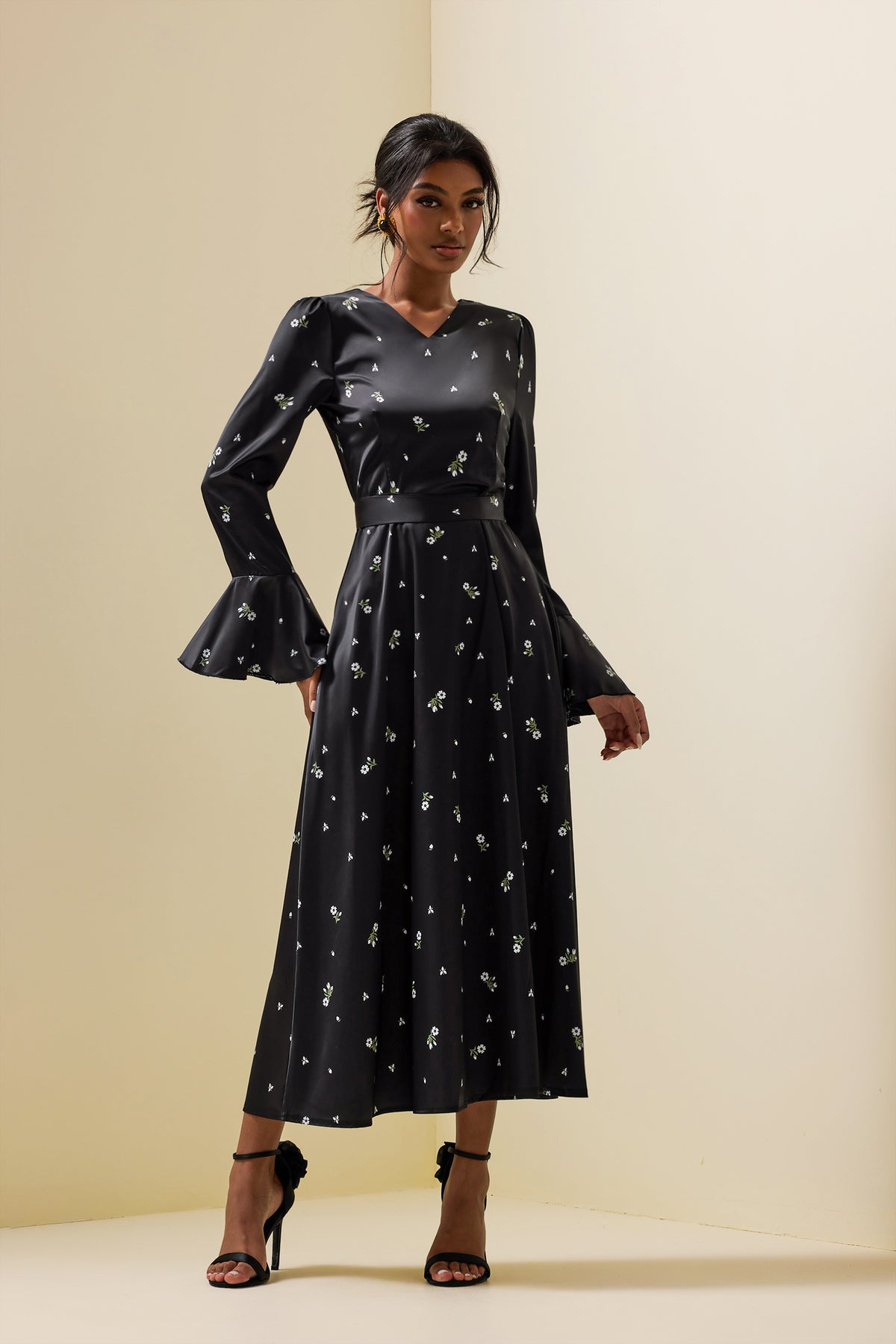 Satin Ball Sleeve Midi Dress