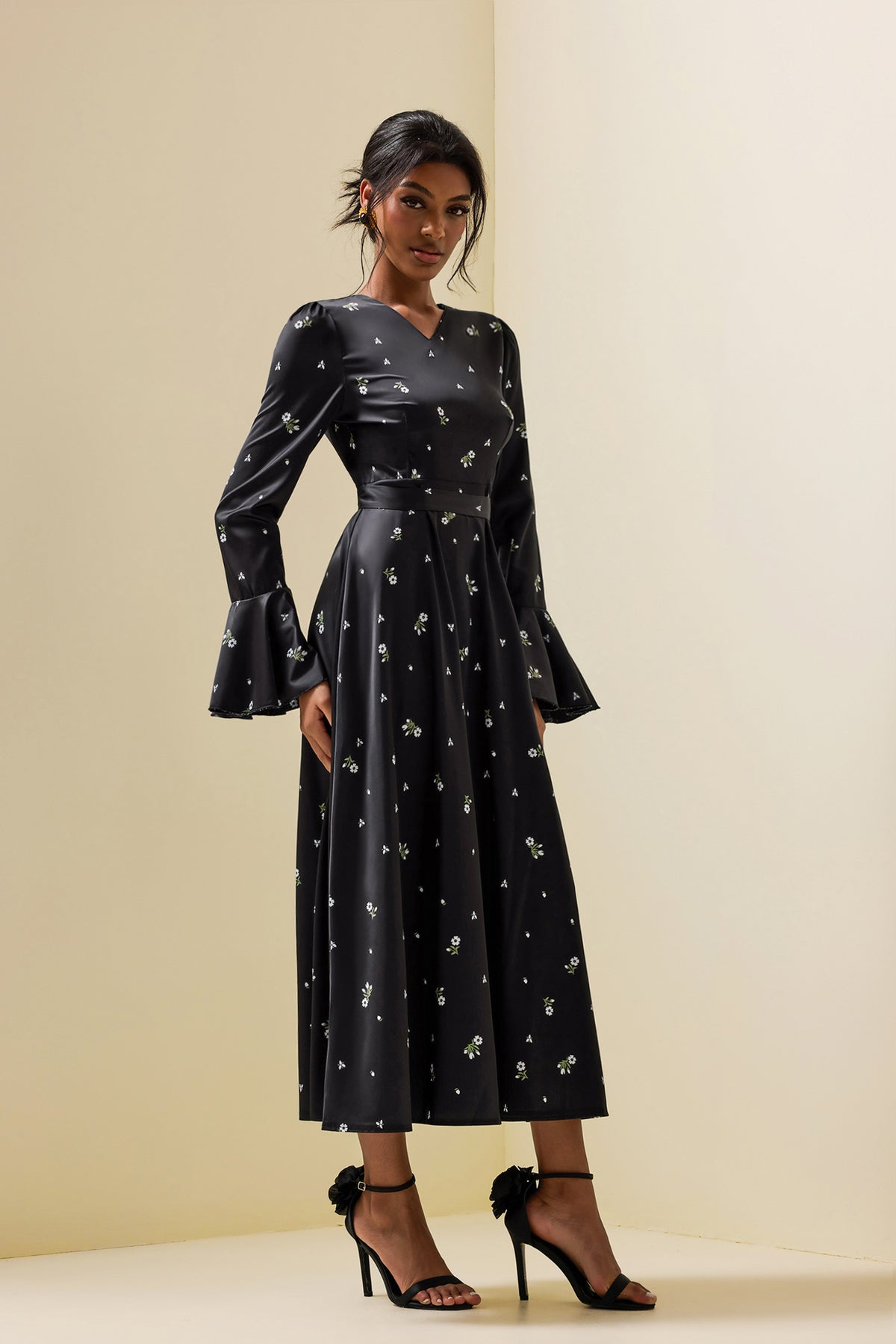 Satin Ball Sleeve Midi Dress
