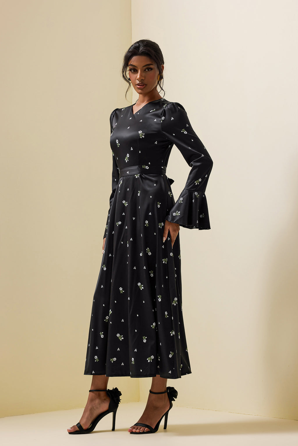 Satin Ball Sleeve Midi Dress