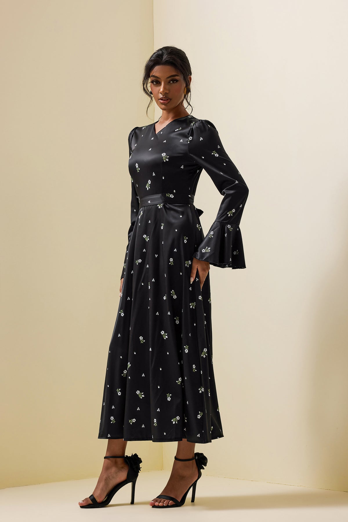 Satin Ball Sleeve Midi Dress