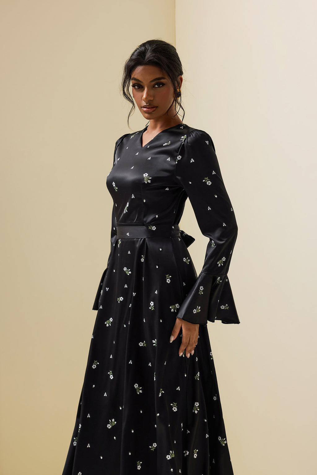 Satin Ball Sleeve Midi Dress