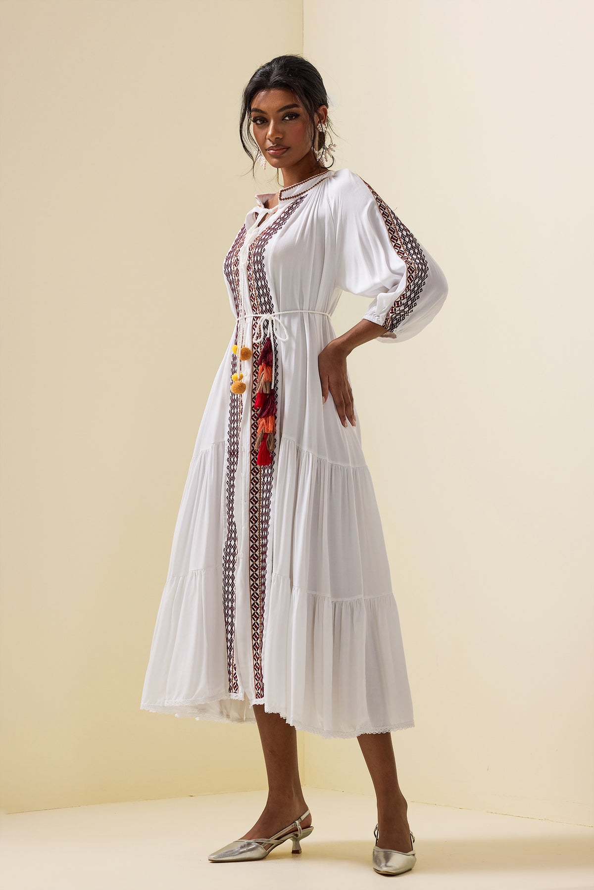 Paisley Print Embroidered Midi Dress With Belt