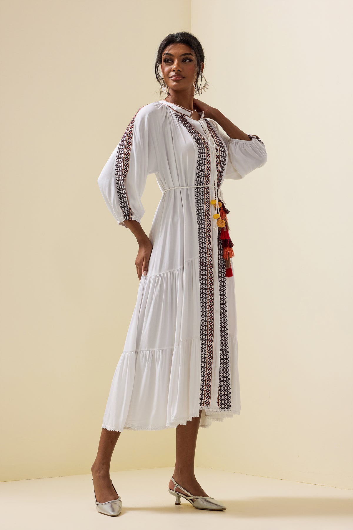 Paisley Print Embroidered Midi Dress With Belt
