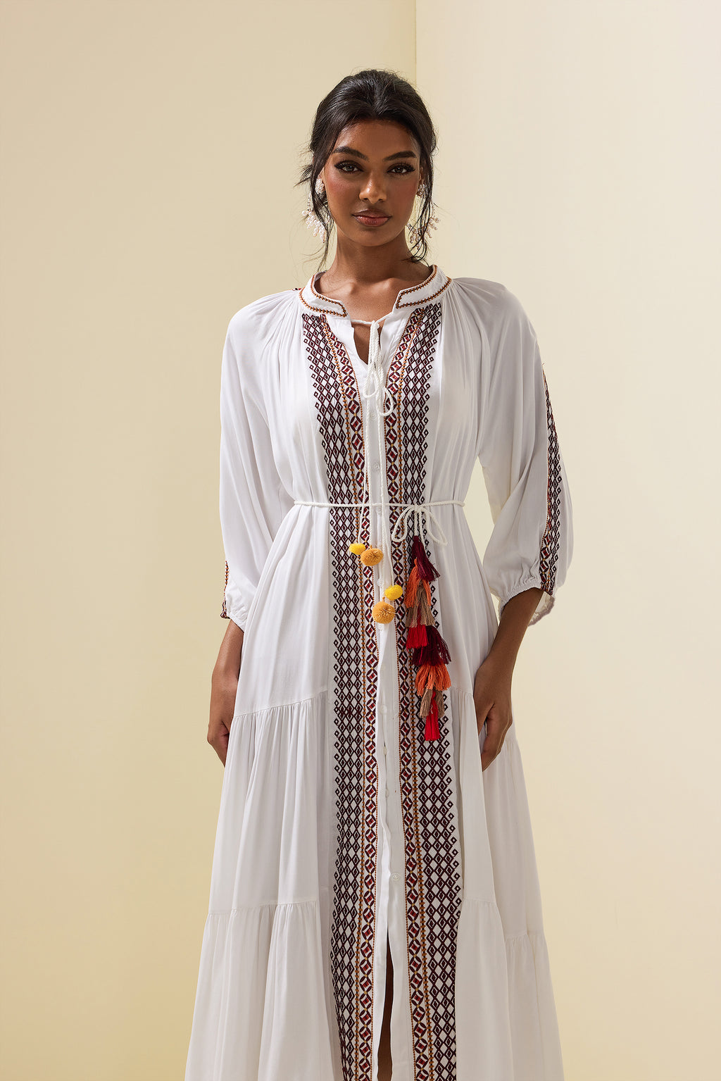 Paisley Print Embroidered Midi Dress With Belt
