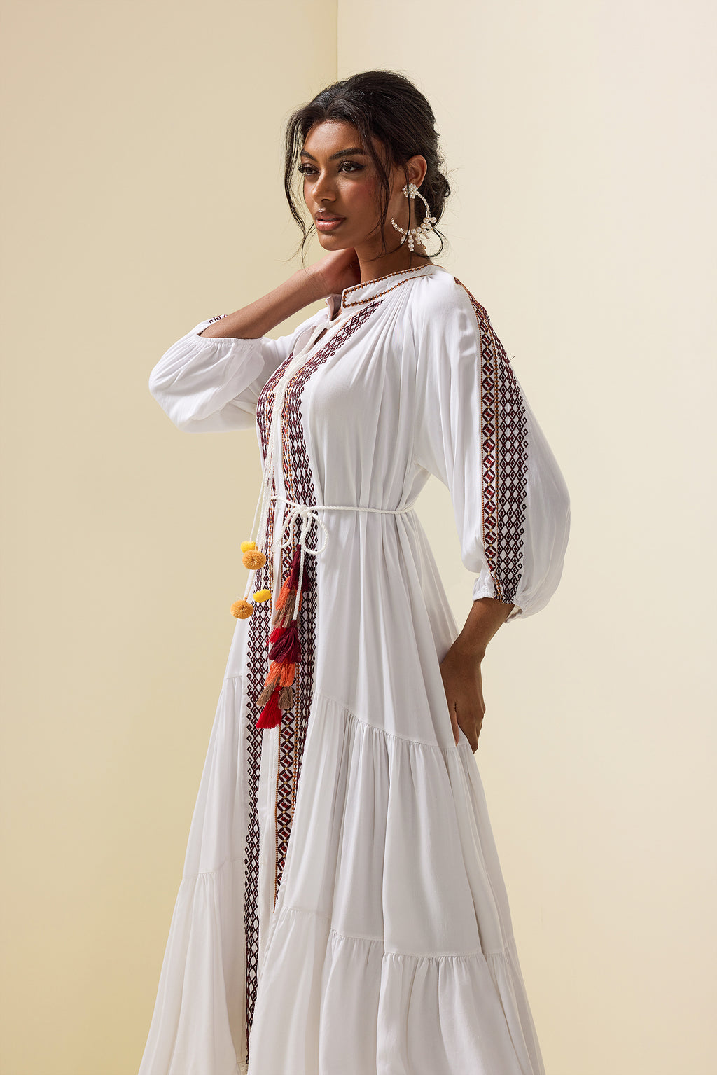 Paisley Print Embroidered Midi Dress With Belt