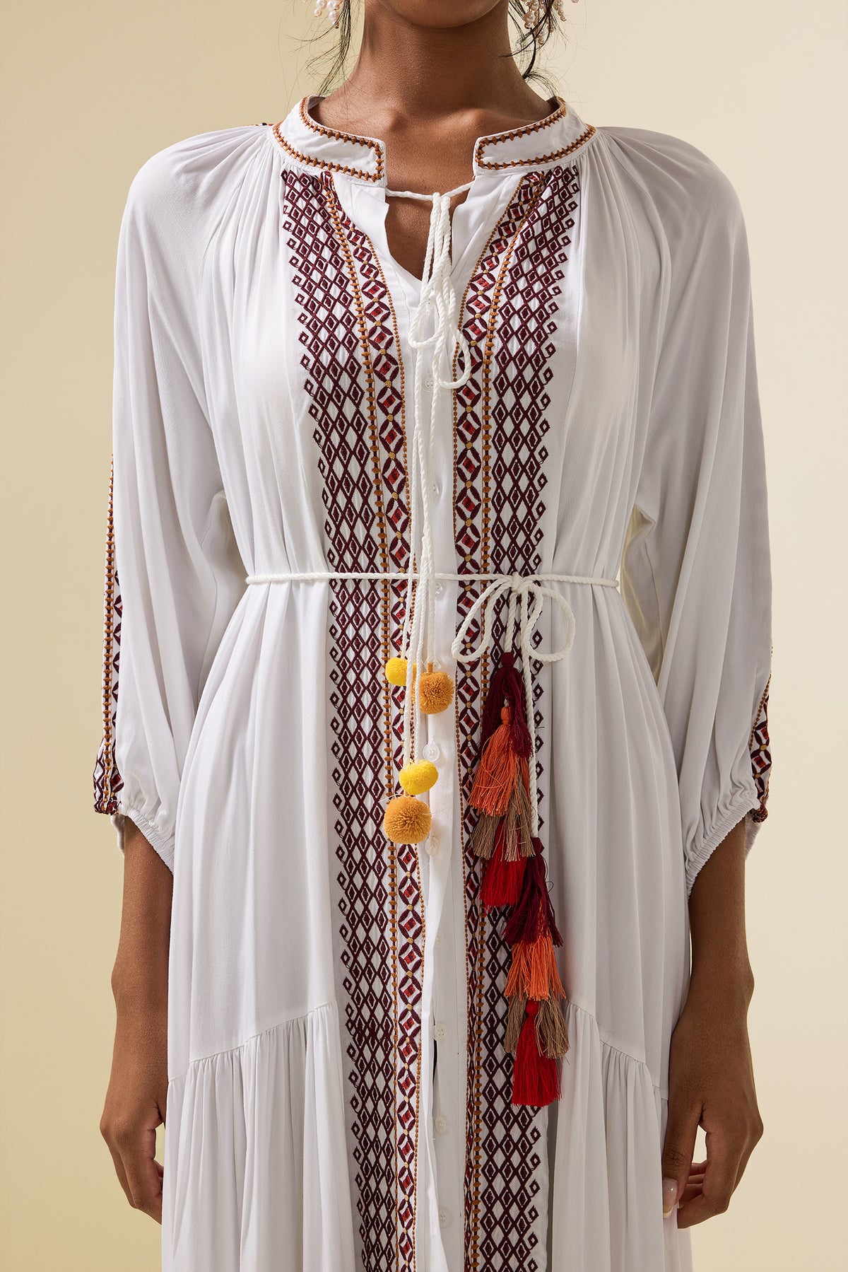 Paisley Print Embroidered Midi Dress With Belt