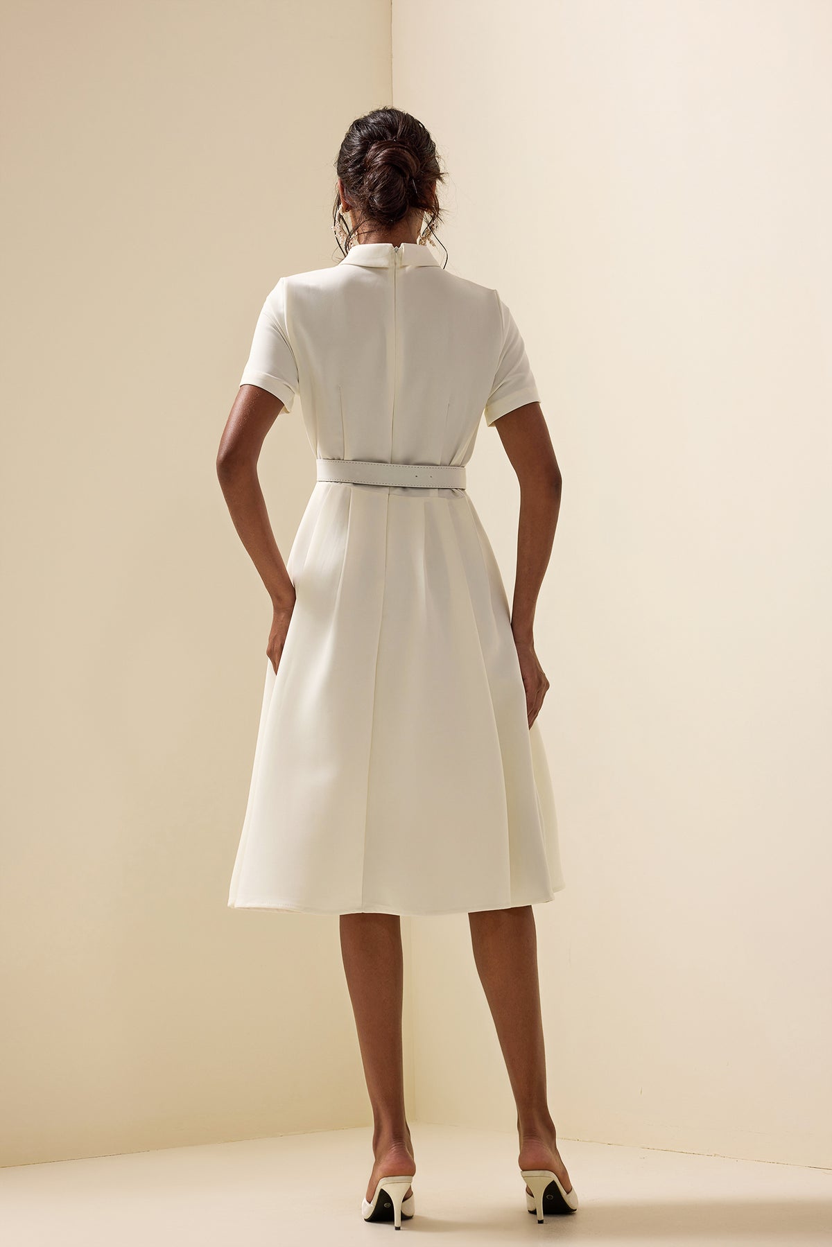 Embroidered Shirt Collar Midi Dress With Belt White