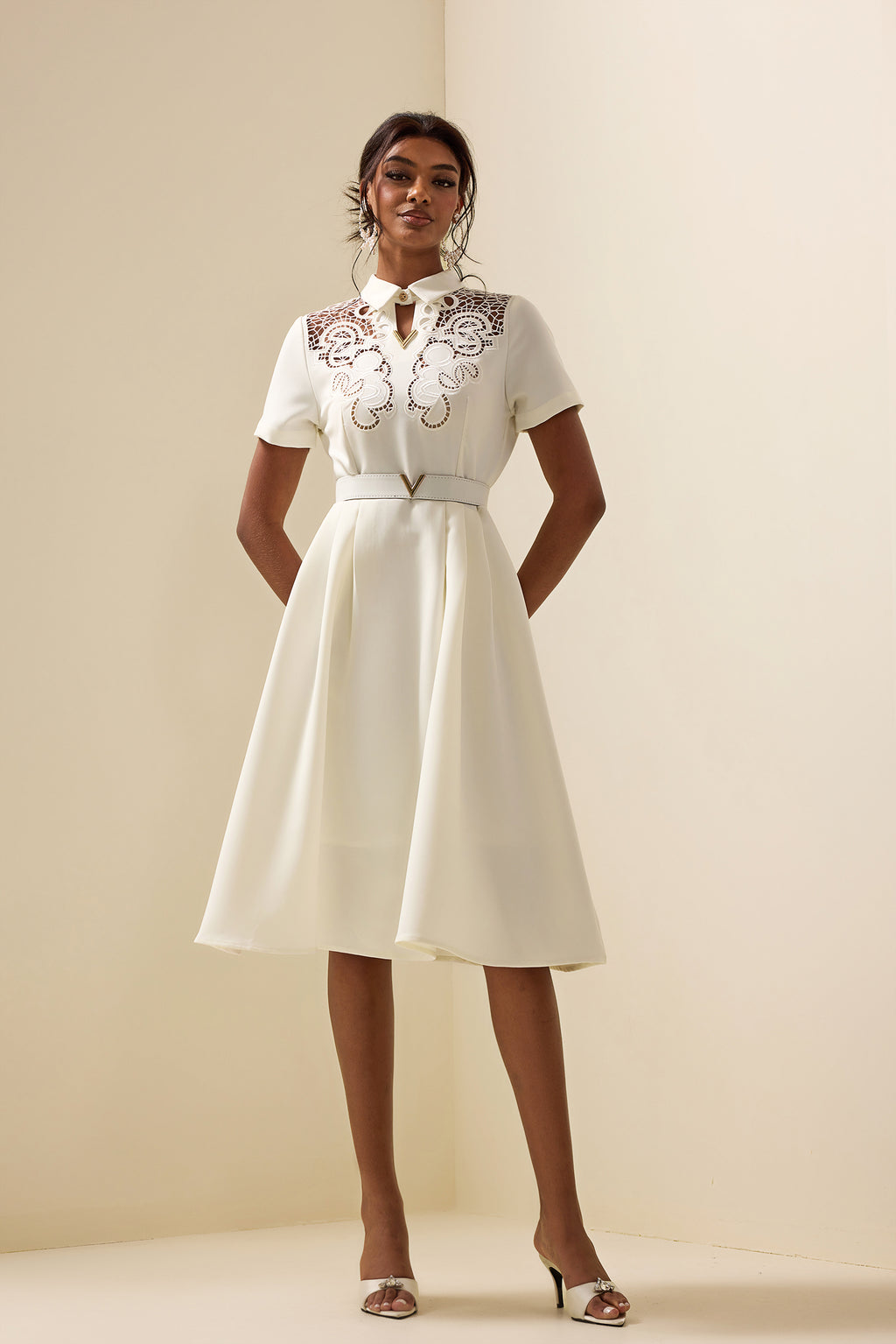 Embroidered Shirt Collar Midi Dress With Belt White