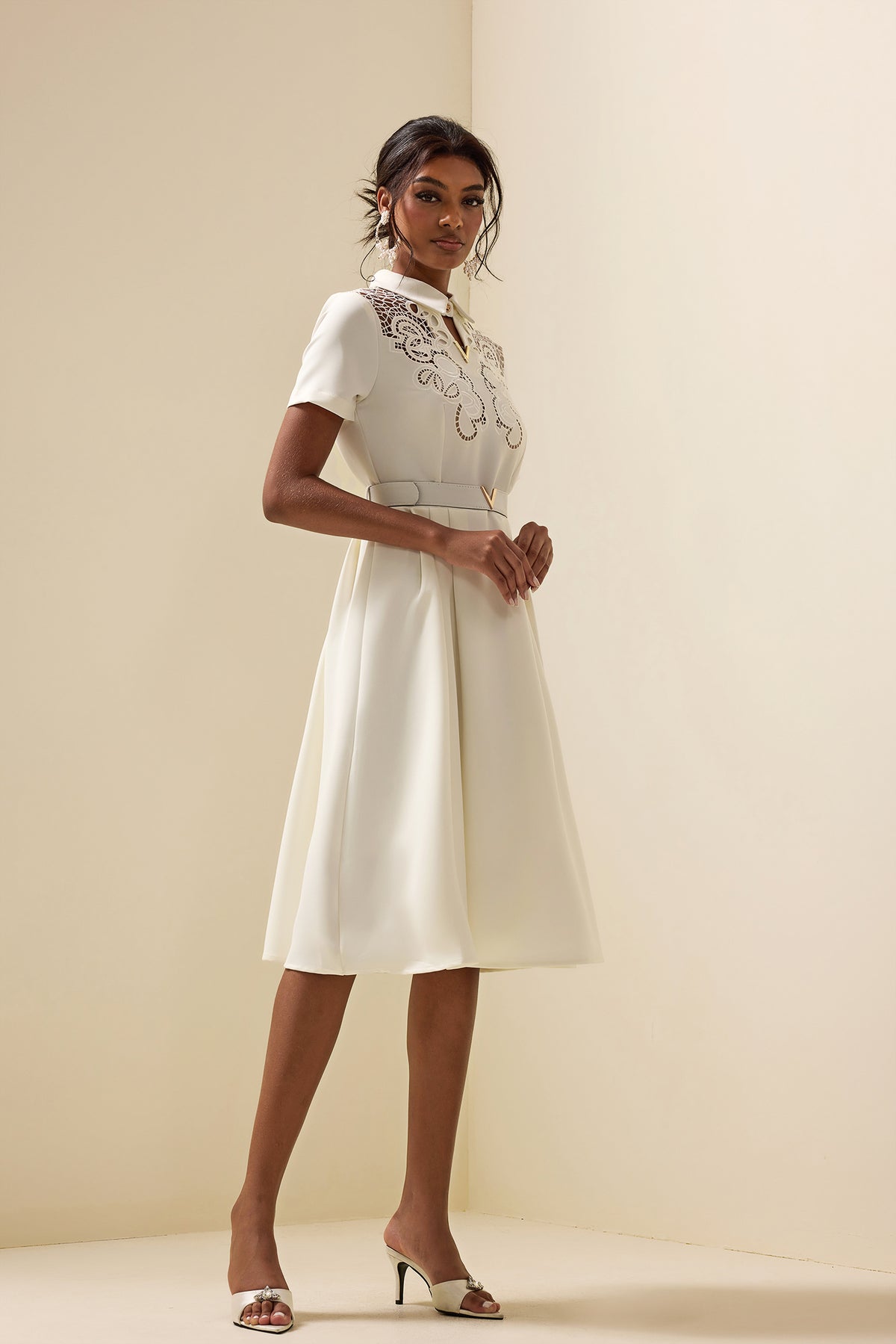 Embroidered Shirt Collar Midi Dress With Belt White