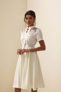 Embroidered Shirt Collar Midi Dress With Belt White