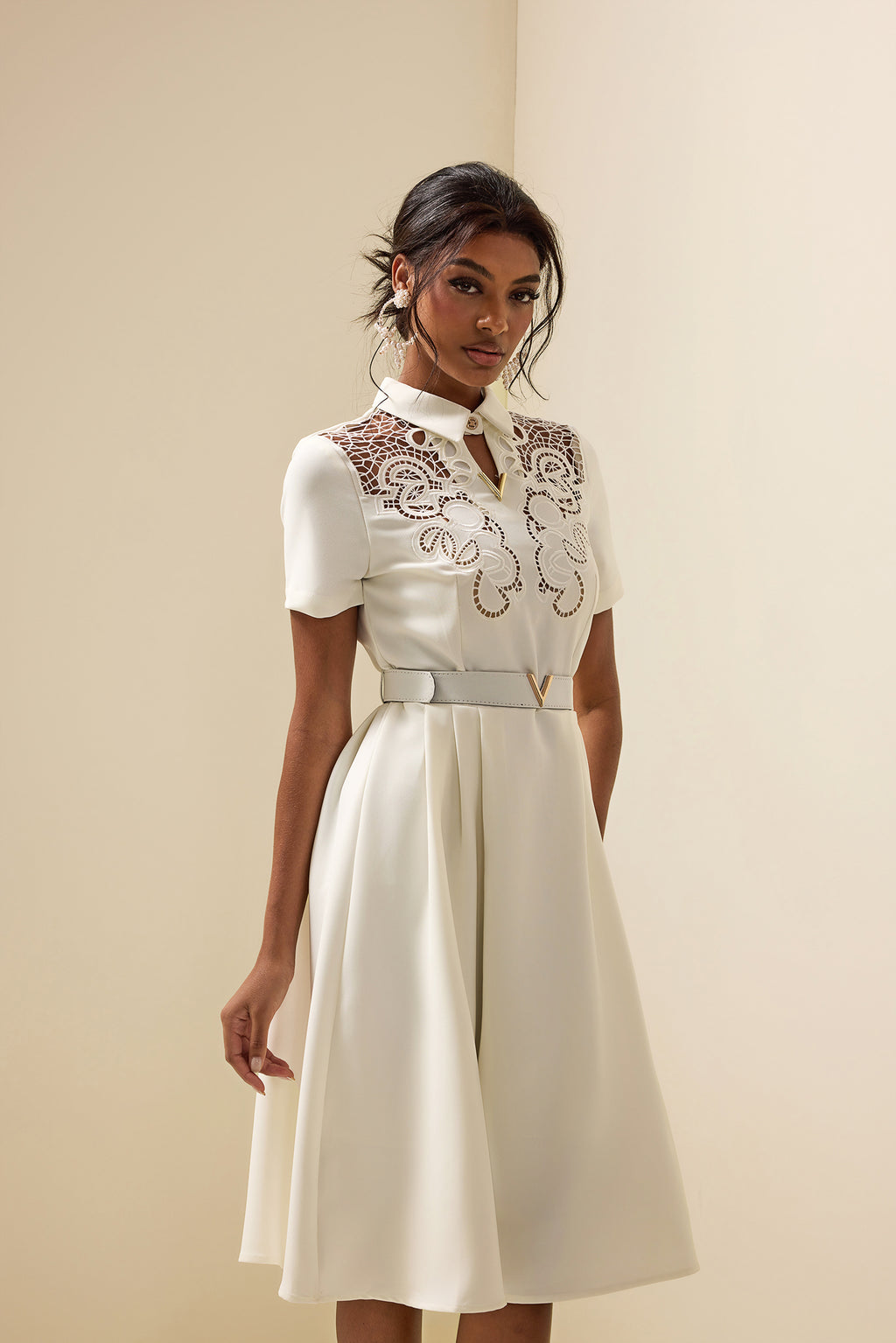 Embroidered Shirt Collar Midi Dress With Belt White