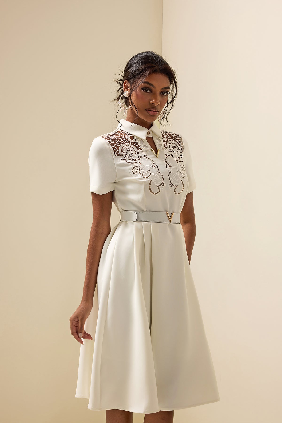 Embroidered Shirt Collar Midi Dress With Belt White