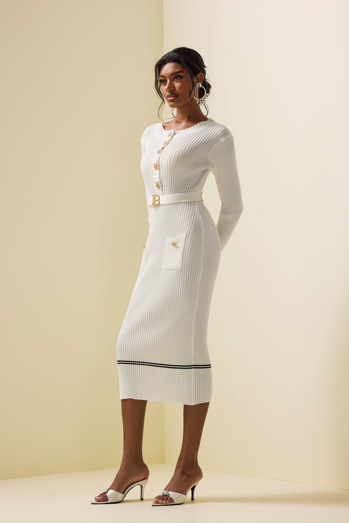 Metal Button Jersey Long Sleeve Midi Dress
