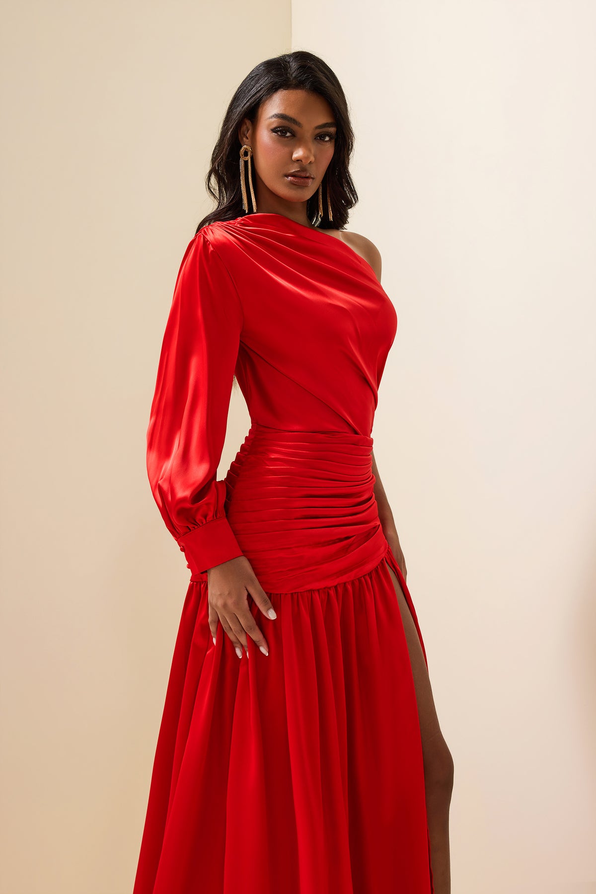 Satin Pleat One-shoulder Long Sleeve Maxi Dress