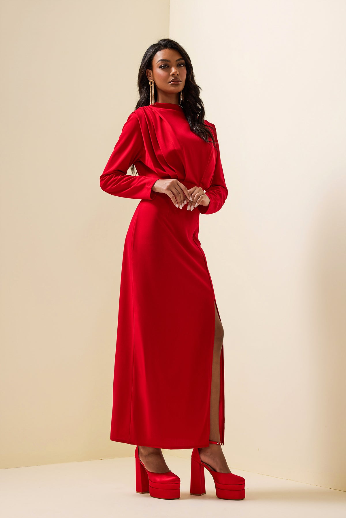 High Split Long Sleeve Midi Dress