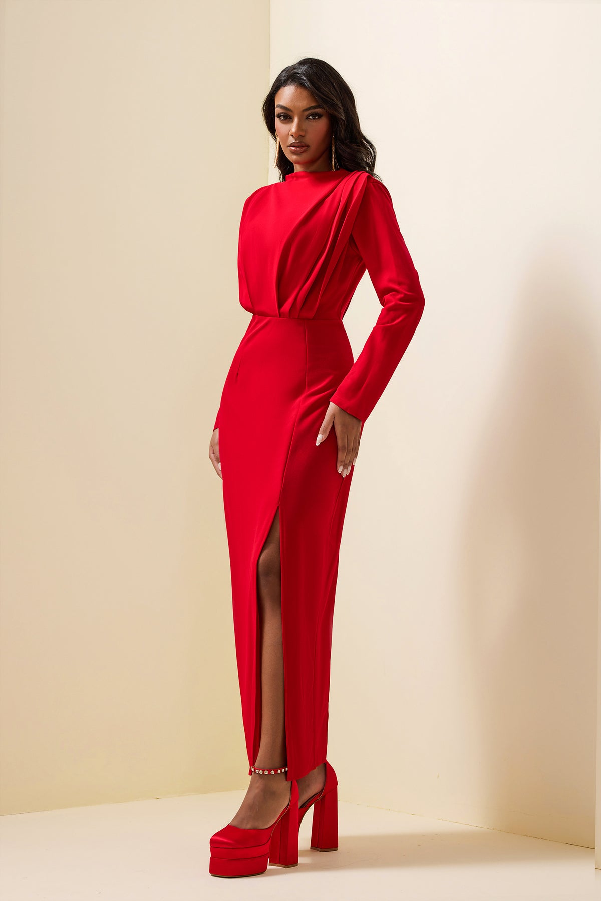 High Split Long Sleeve Midi Dress
