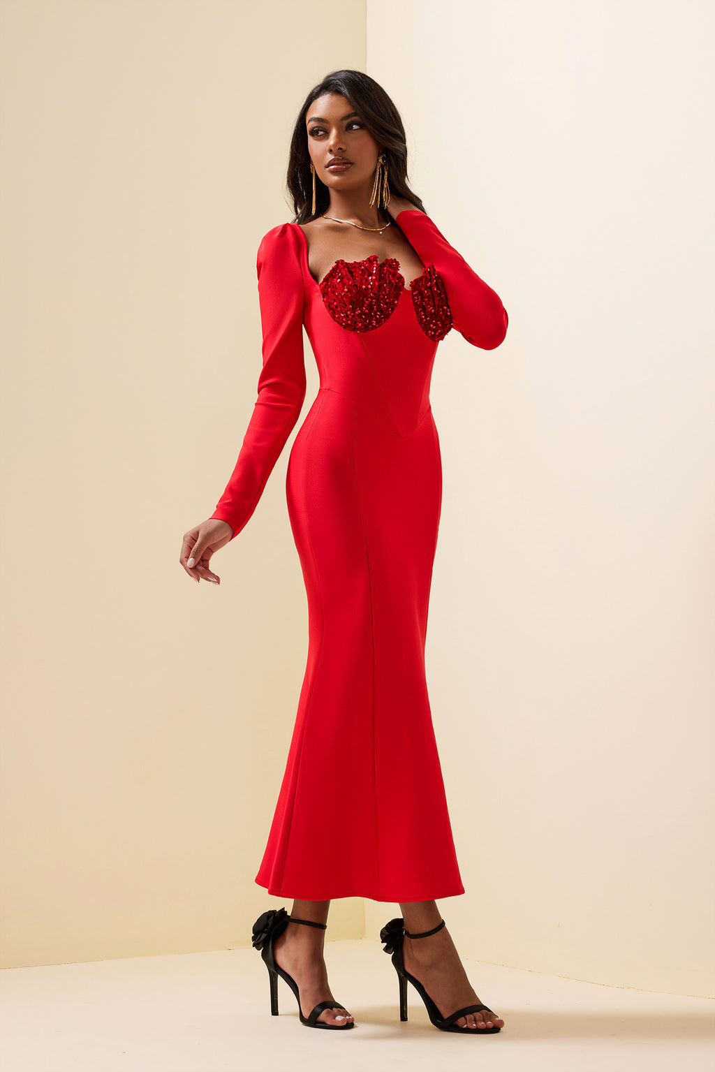 Knit Sequin Velvet Long Sleeve Midi Dress