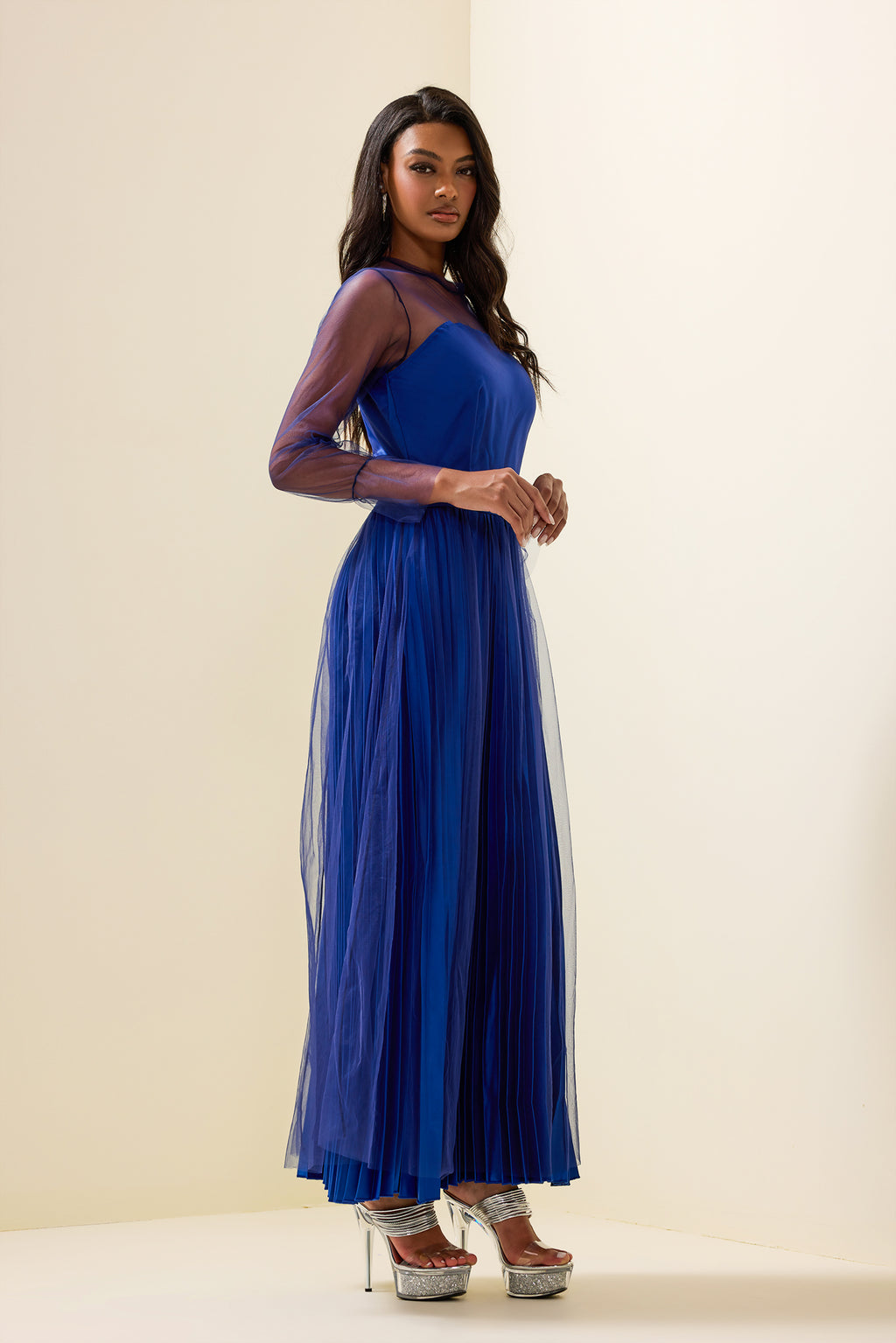 Pleated Lantern Sleeve Maxi Dress