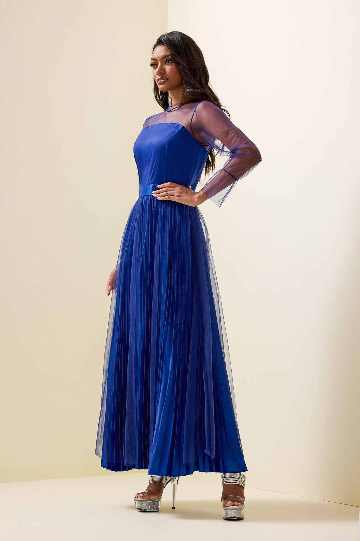 Pleated Lantern Sleeve Maxi Dress