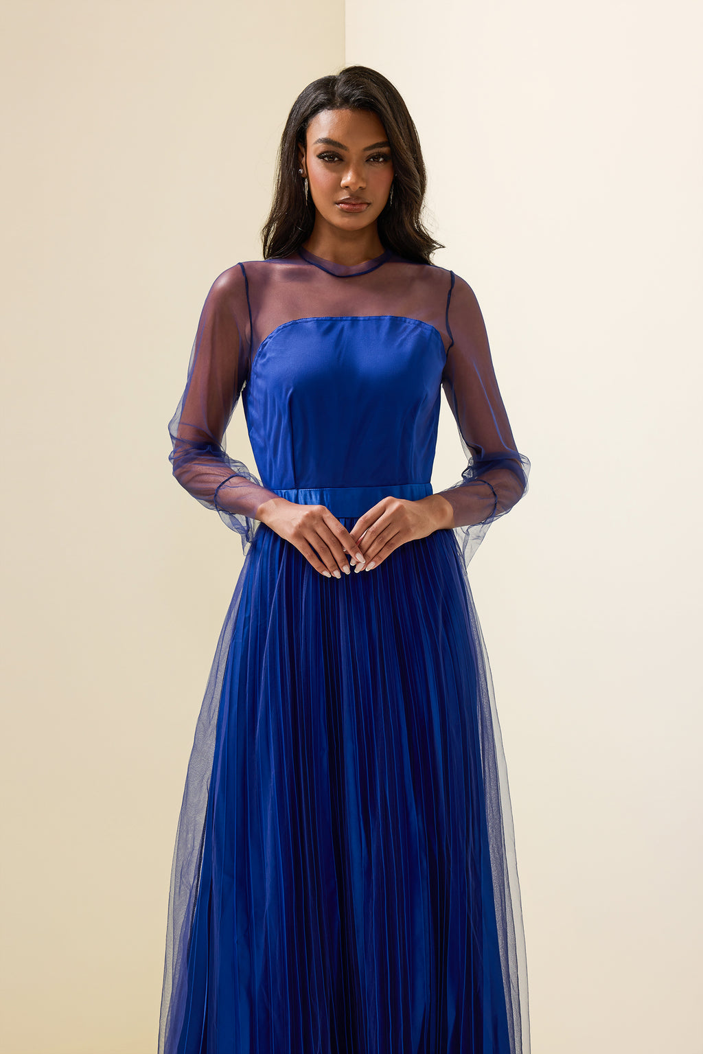 Pleated Lantern Sleeve Maxi Dress