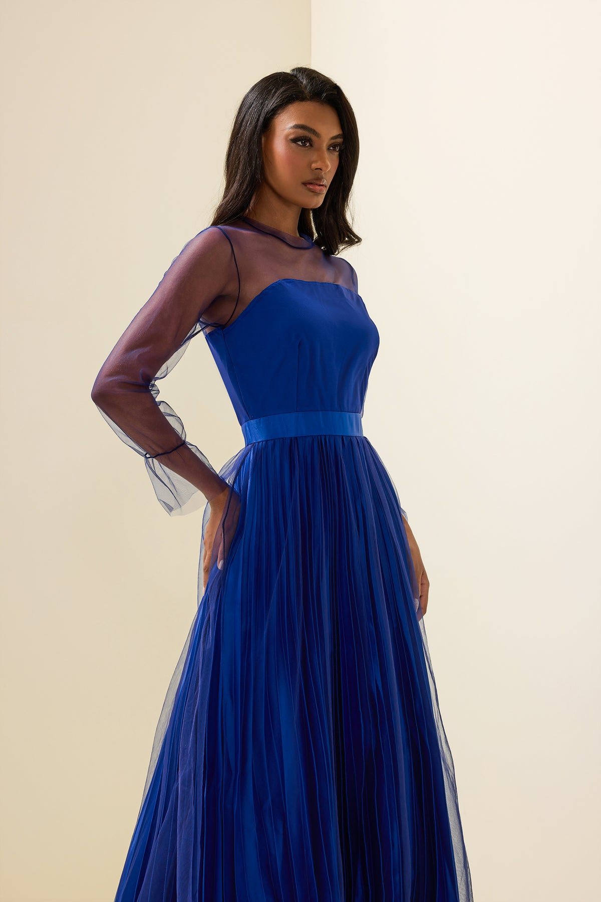 Pleated Lantern Sleeve Maxi Dress