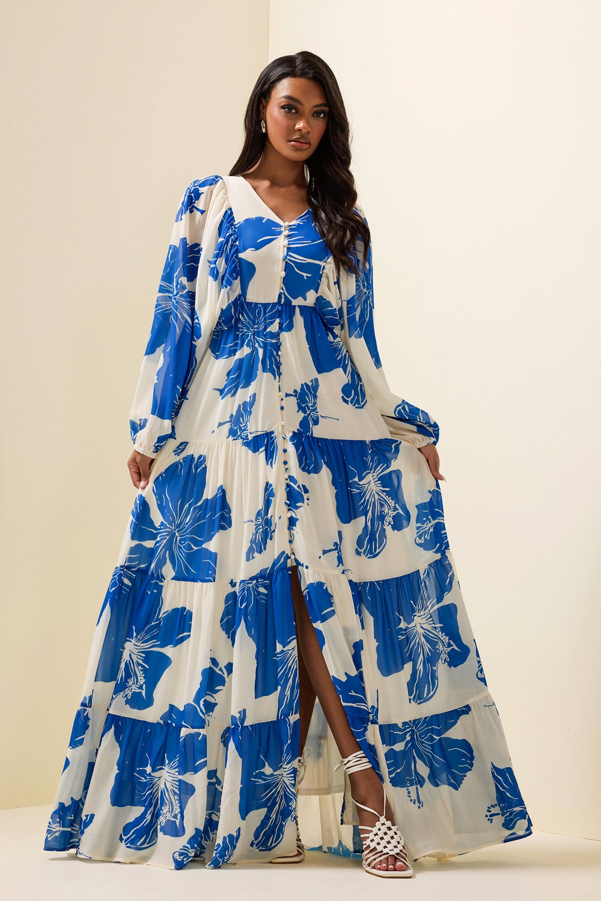 Print Long Sleeve V-neck Maxi Dress