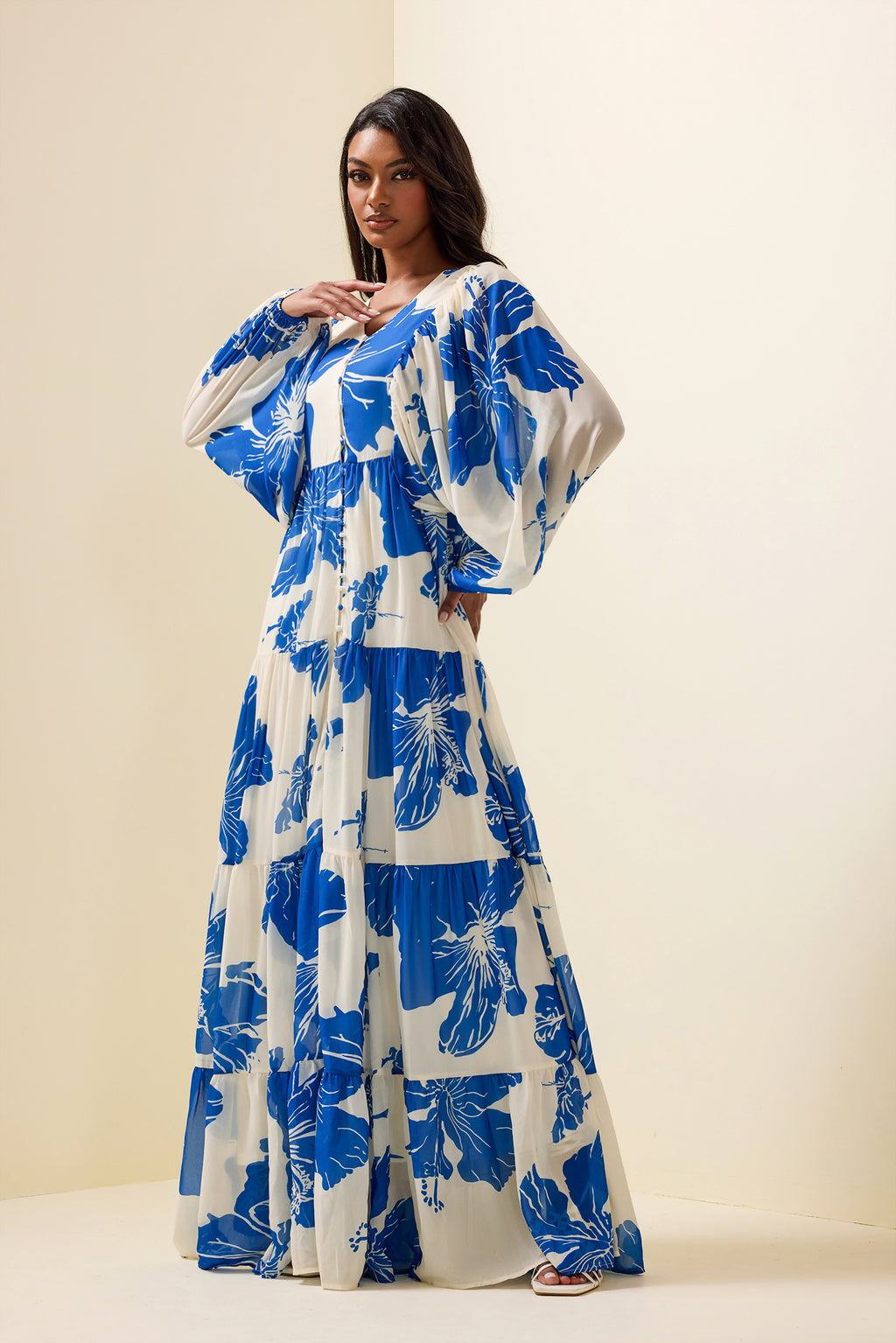Print Long Sleeve V-neck Maxi Dress