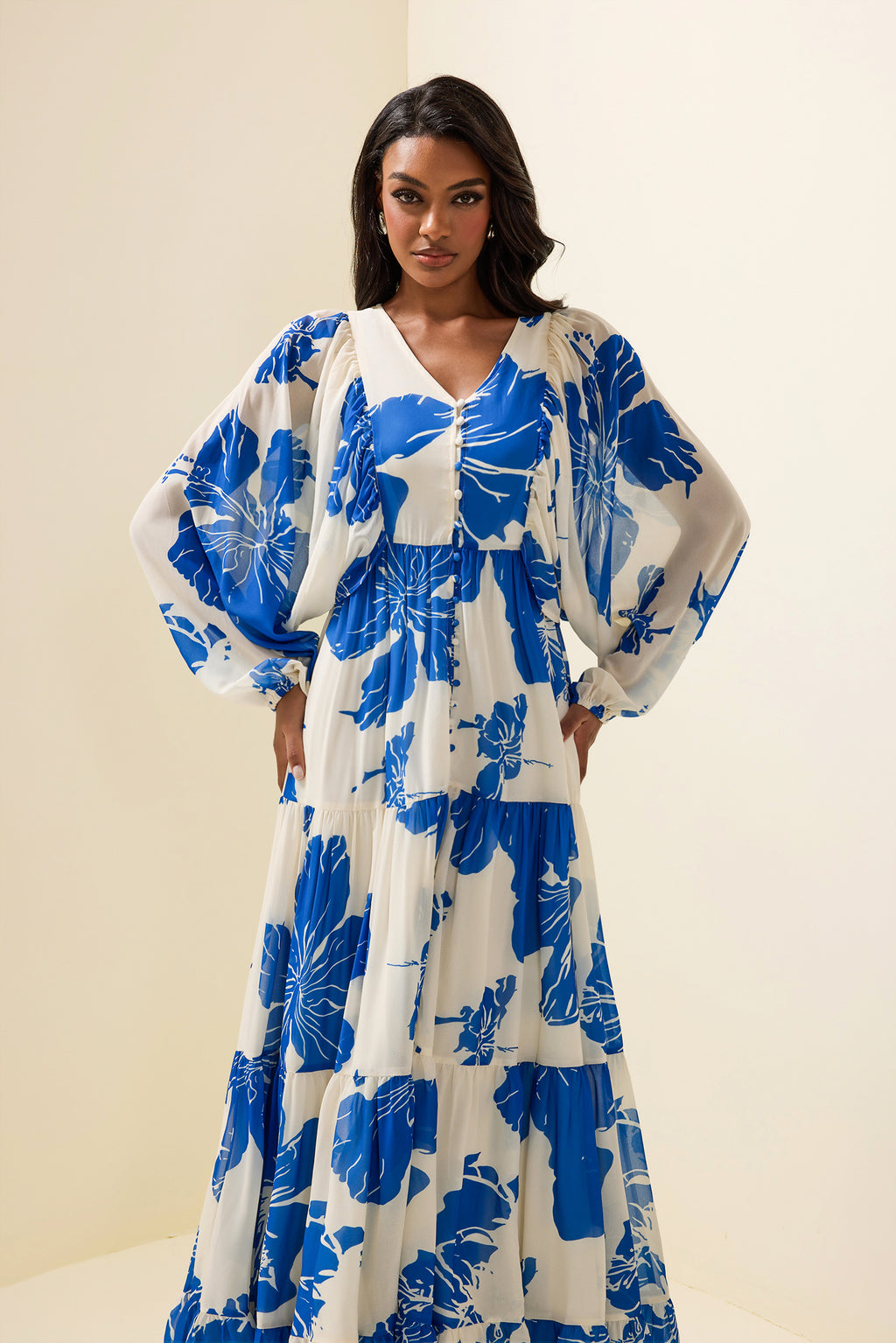 Print Long Sleeve V-neck Maxi Dress