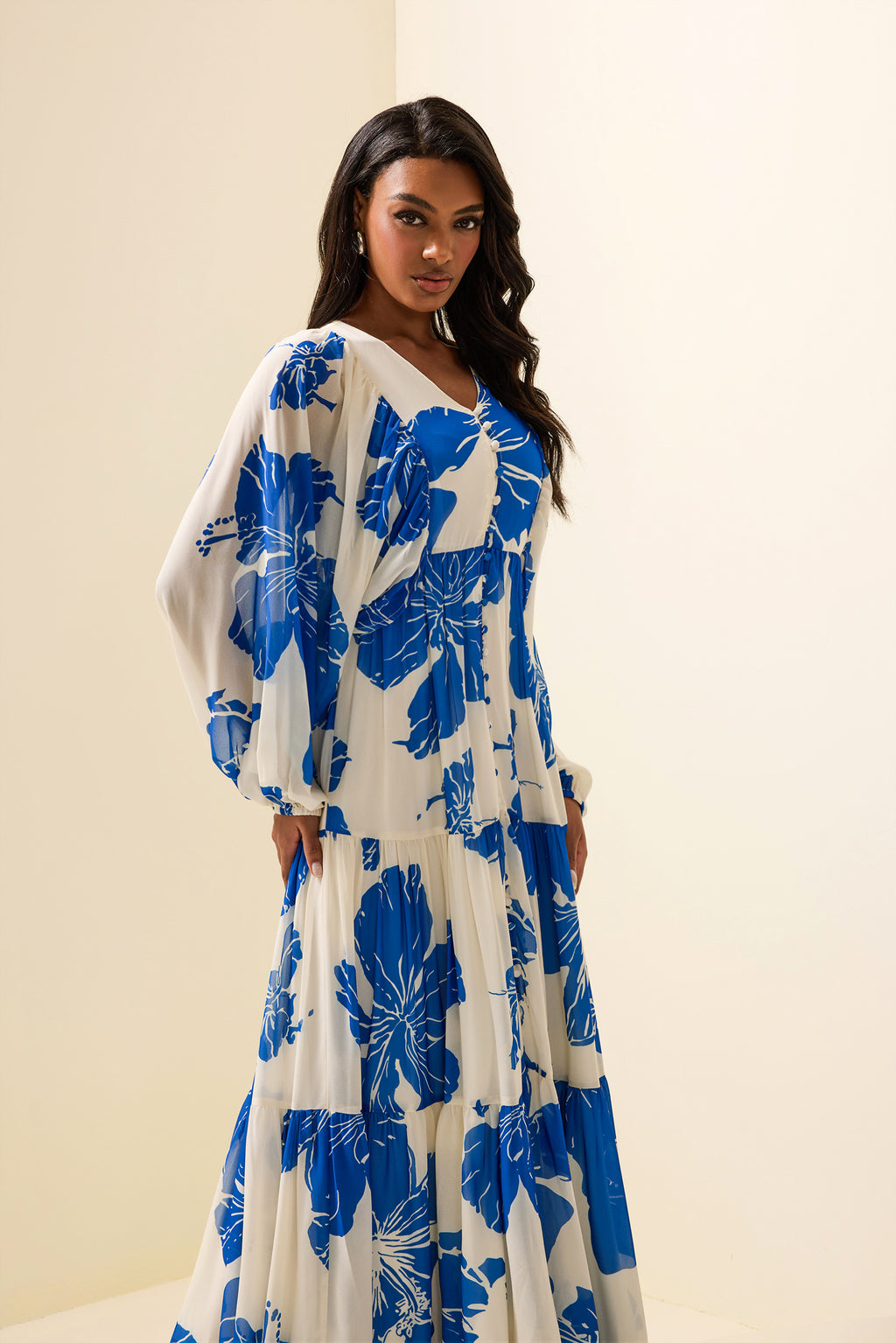 Print Long Sleeve V-neck Maxi Dress