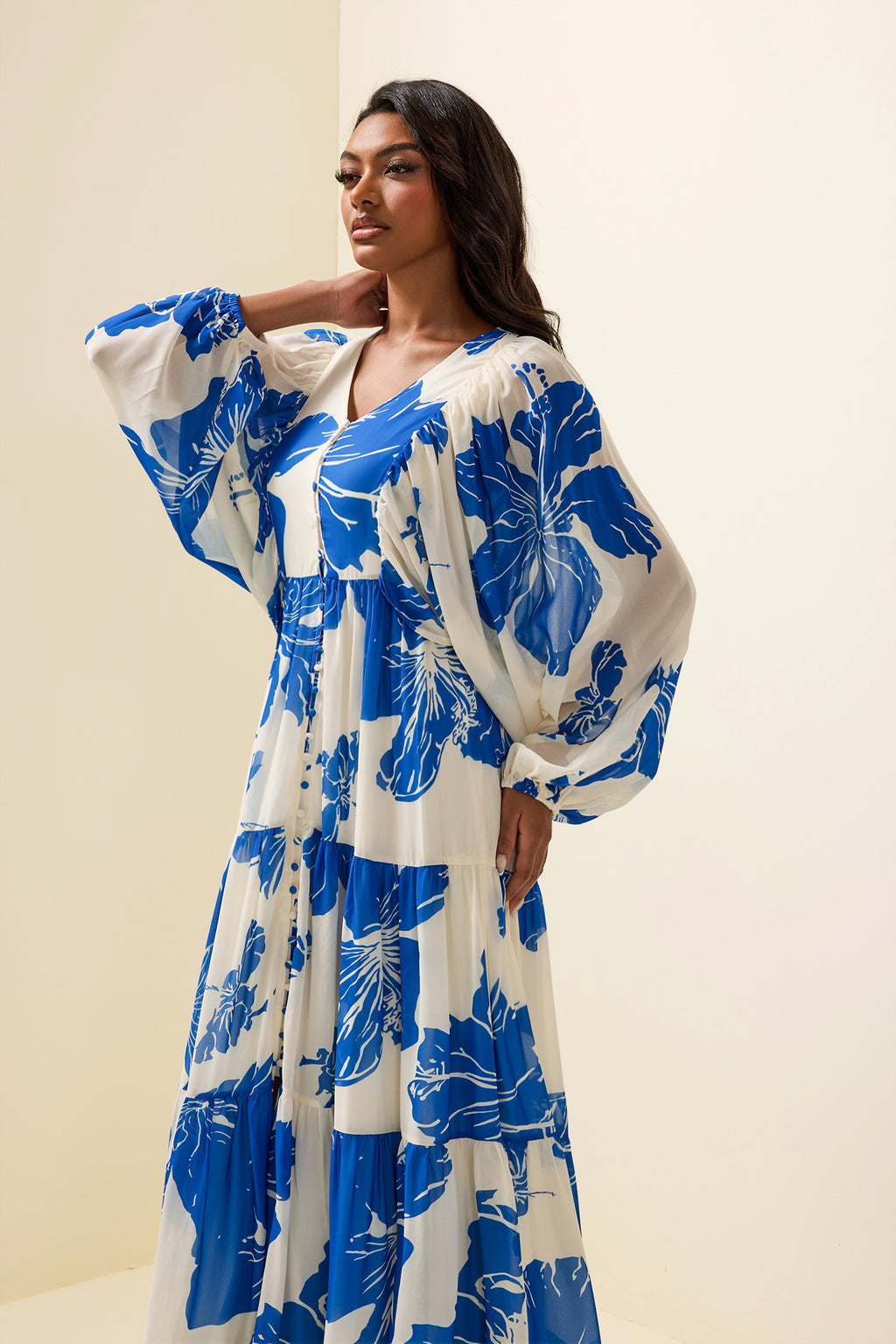 Print Long Sleeve V-neck Maxi Dress
