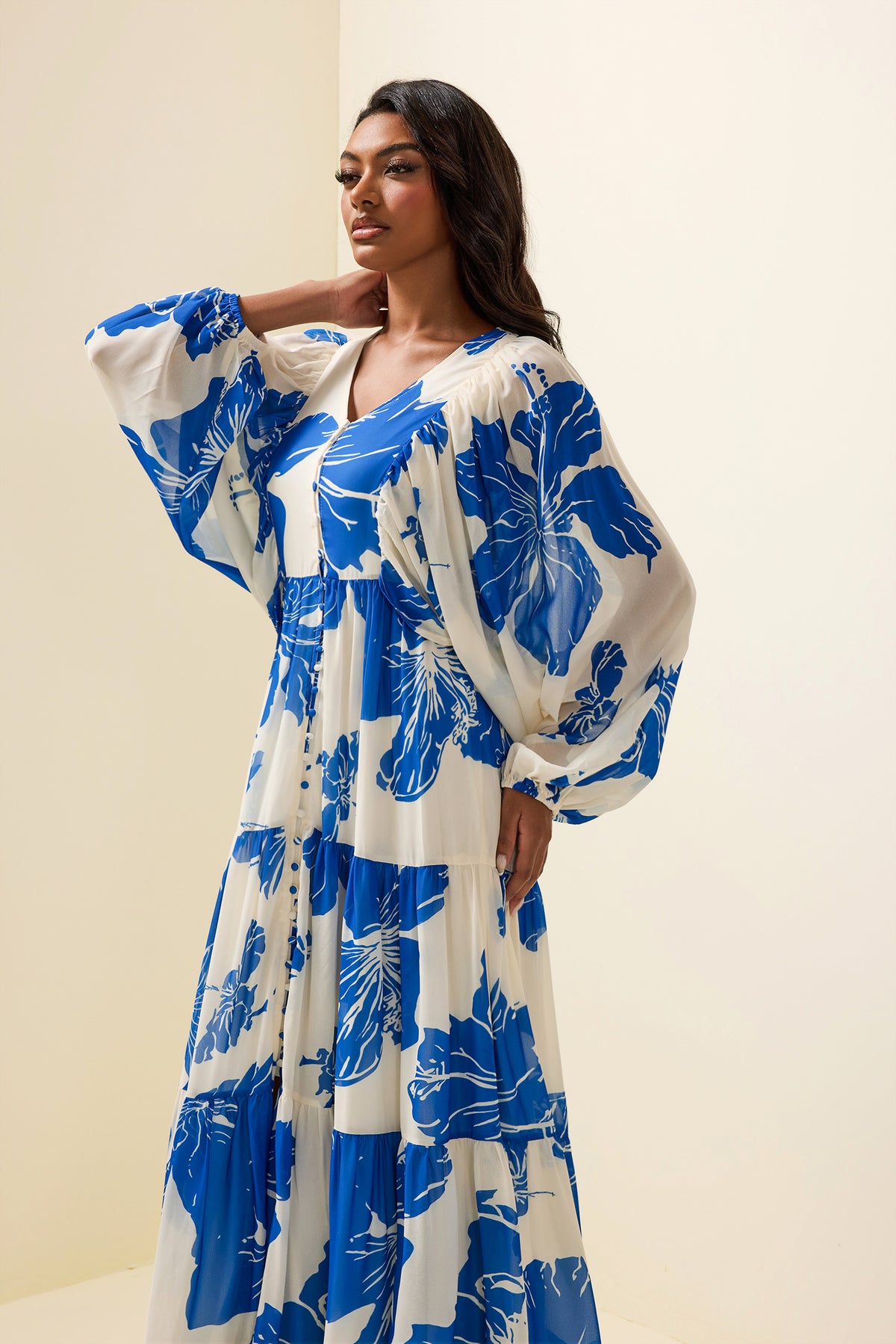 Print Long Sleeve V-neck Maxi Dress