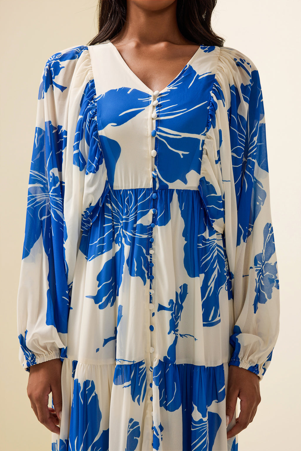 Print Long Sleeve V-neck Maxi Dress