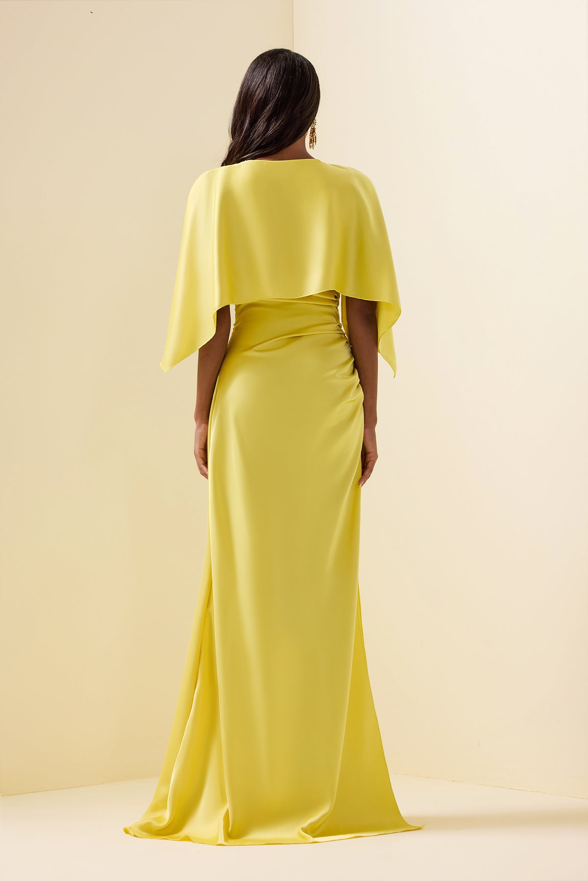Satin Ruched Cape Sleeve Split Maxi Dress