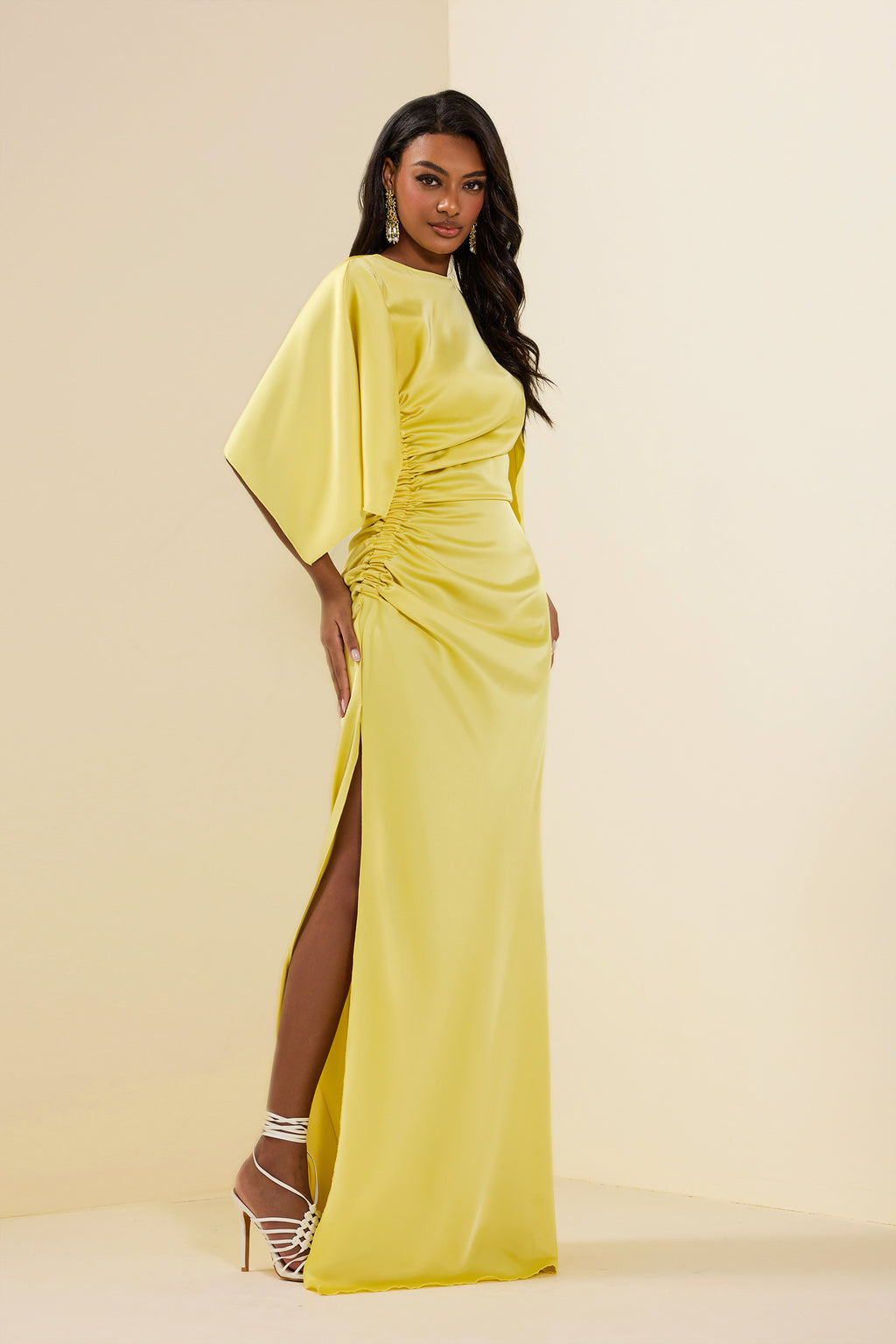 Satin Ruched Cape Sleeve Split Maxi Dress