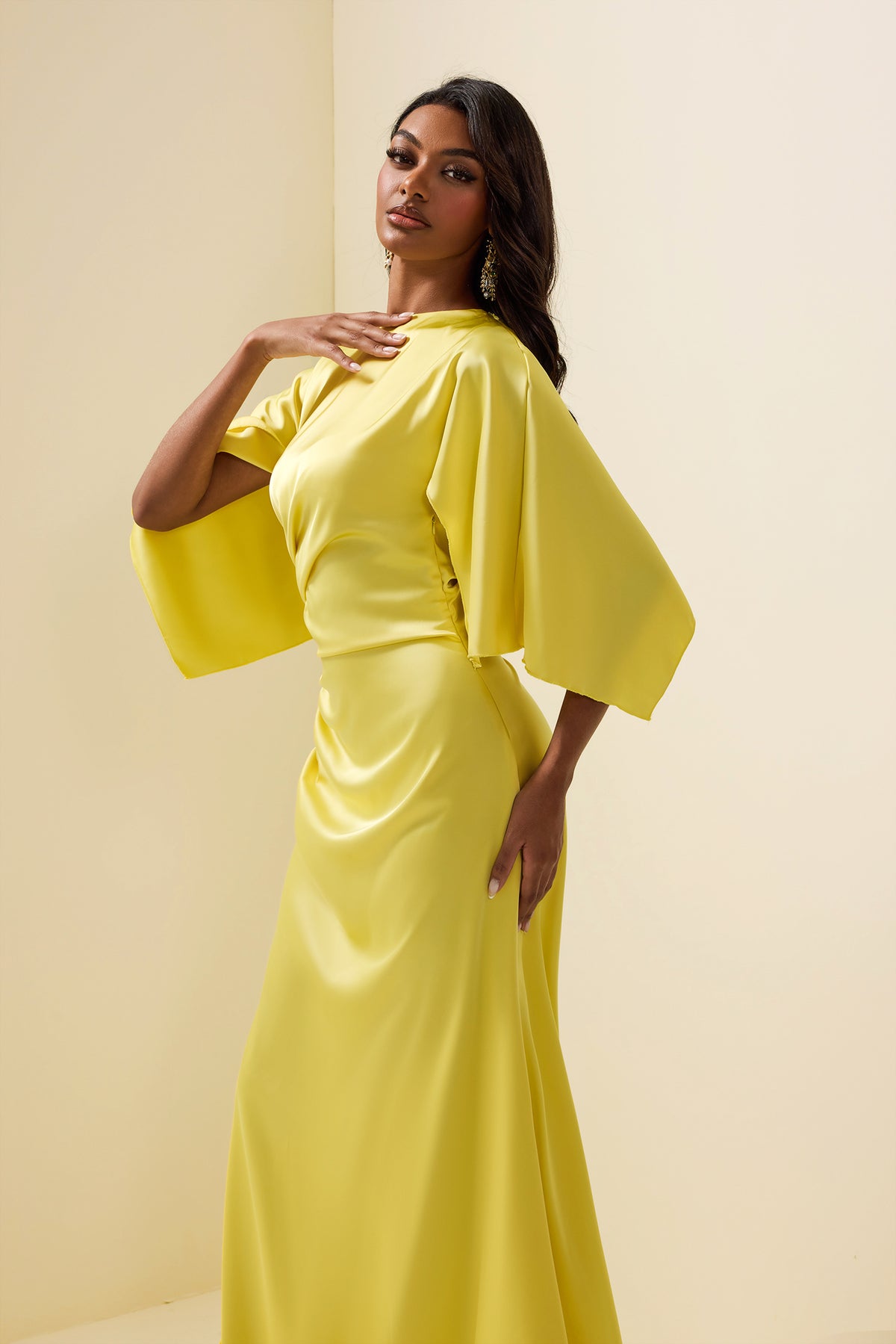 Satin Ruched Cape Sleeve Split Maxi Dress