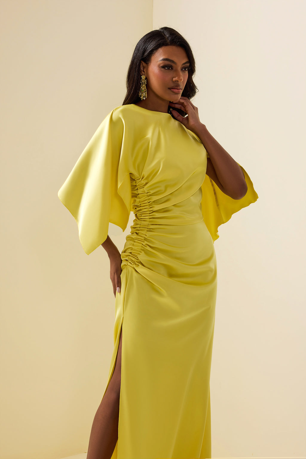 Satin Ruched Cape Sleeve Split Maxi Dress