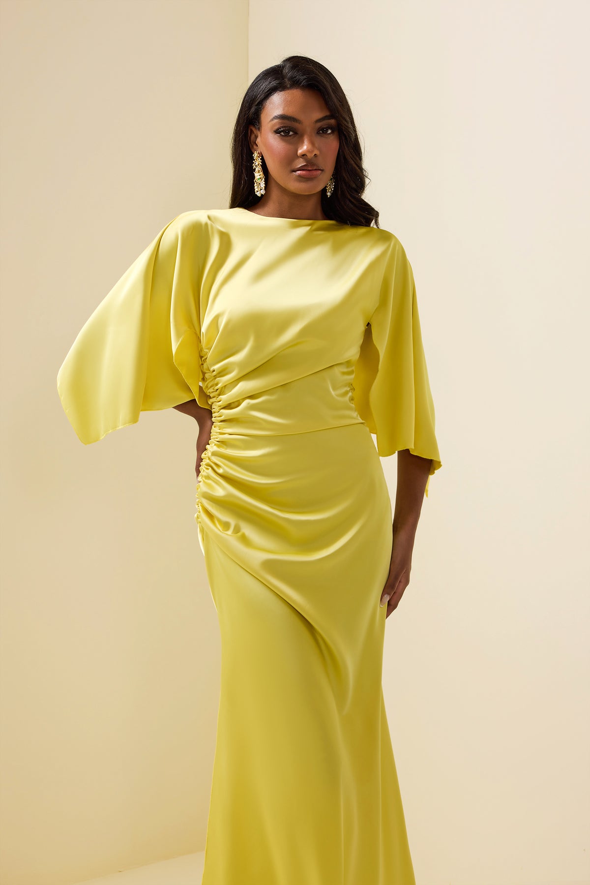 Satin Ruched Cape Sleeve Split Maxi Dress