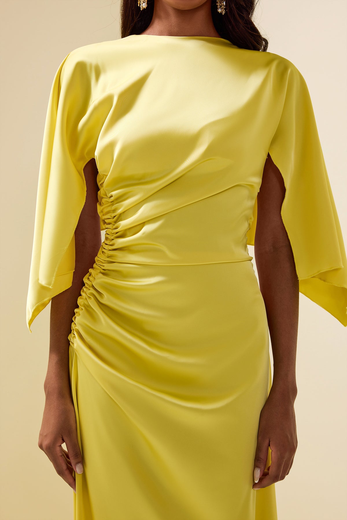 Satin Ruched Cape Sleeve Split Maxi Dress