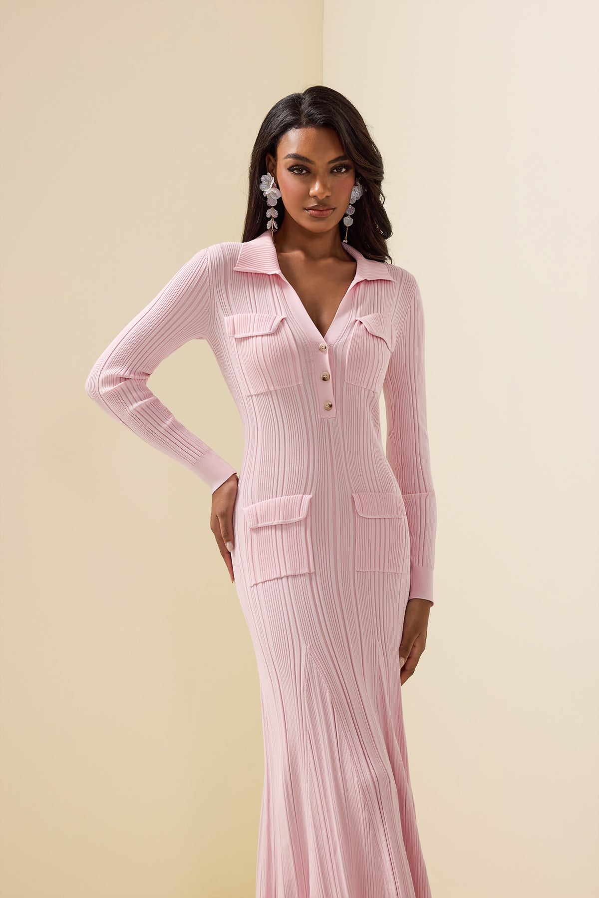 Jersey Flapped Long Sleeve Midi Dress