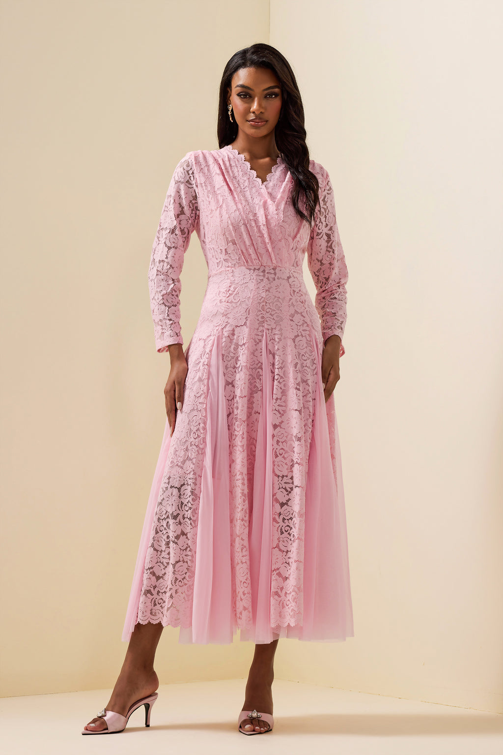 Lace Splicing Long Sleeve Midi Dress