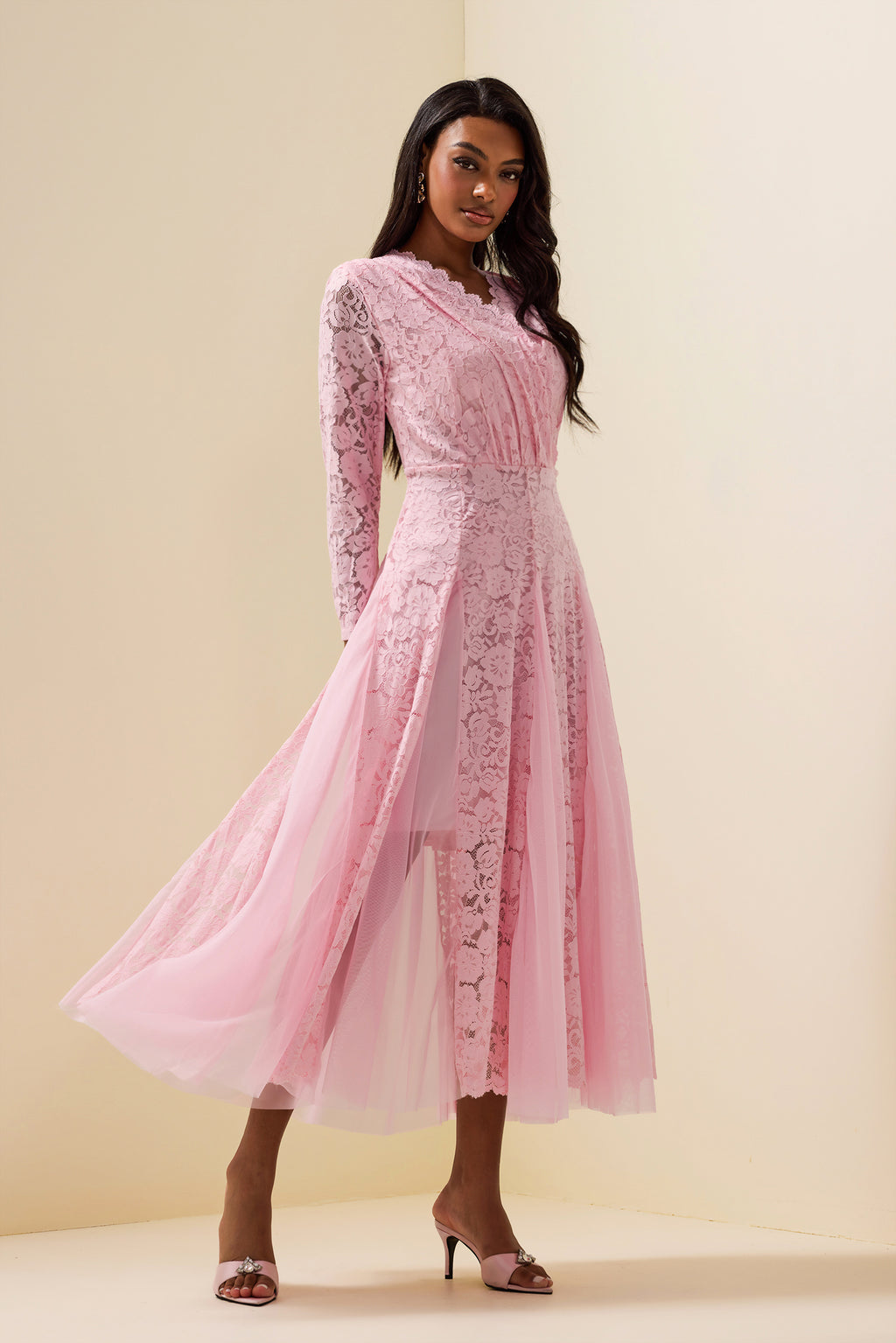 Lace Splicing Long Sleeve Midi Dress